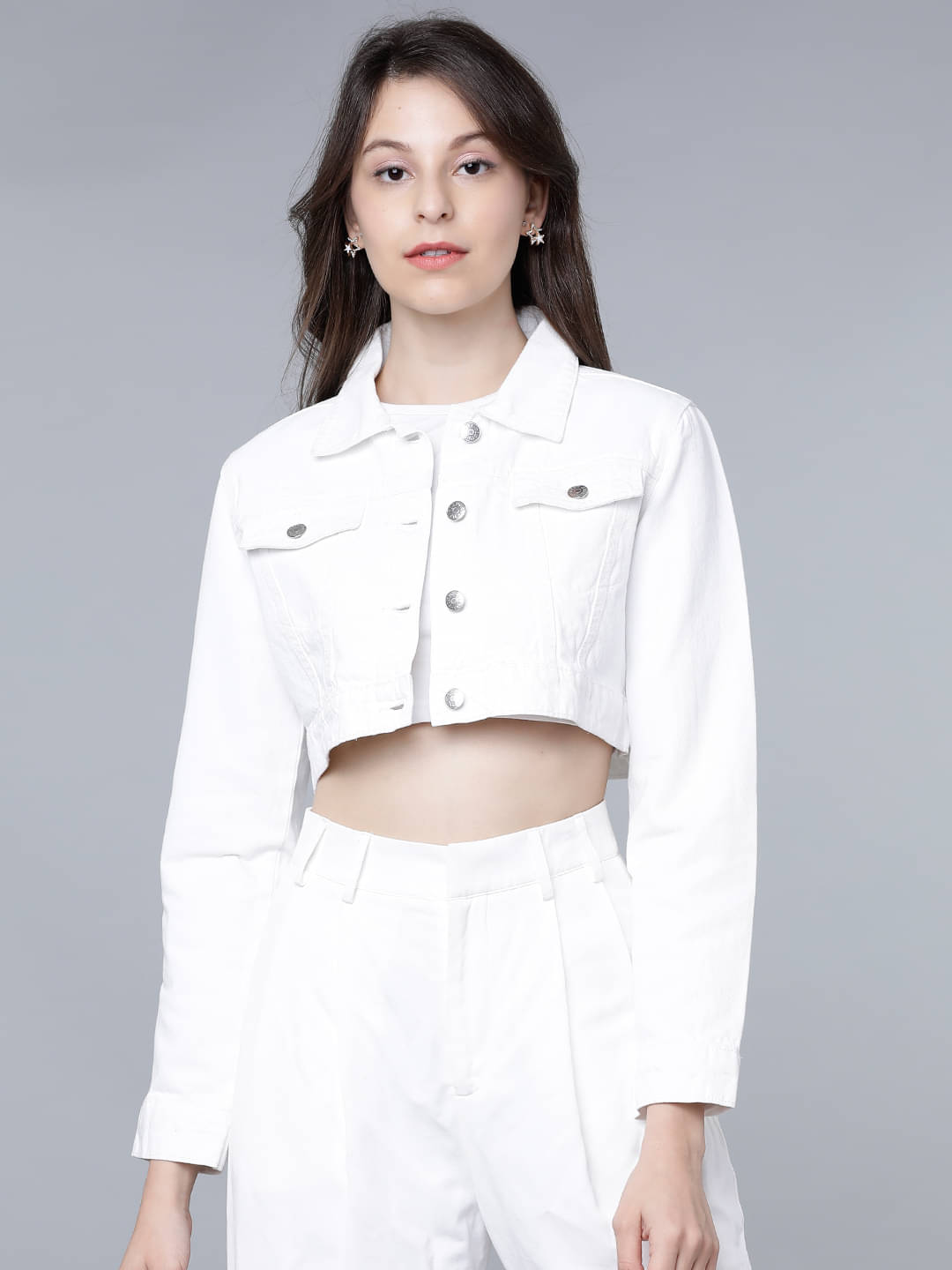     			Tokyo Talkies Women Shirt Collar Denim Jacket ( White )