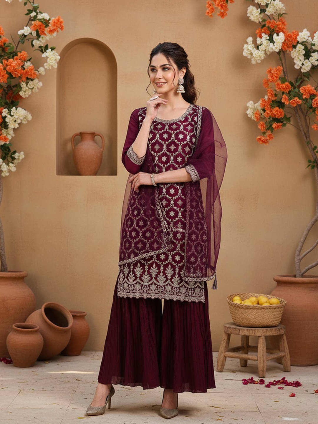 Vaamsi Women Silk Blend Embellished Straight Kurti With Sharara And Gharara ( Burgundy ) Vaamsi Women Silk Blend Embellished Straight Kurti With Sharara And Gharara ( Burgundy )