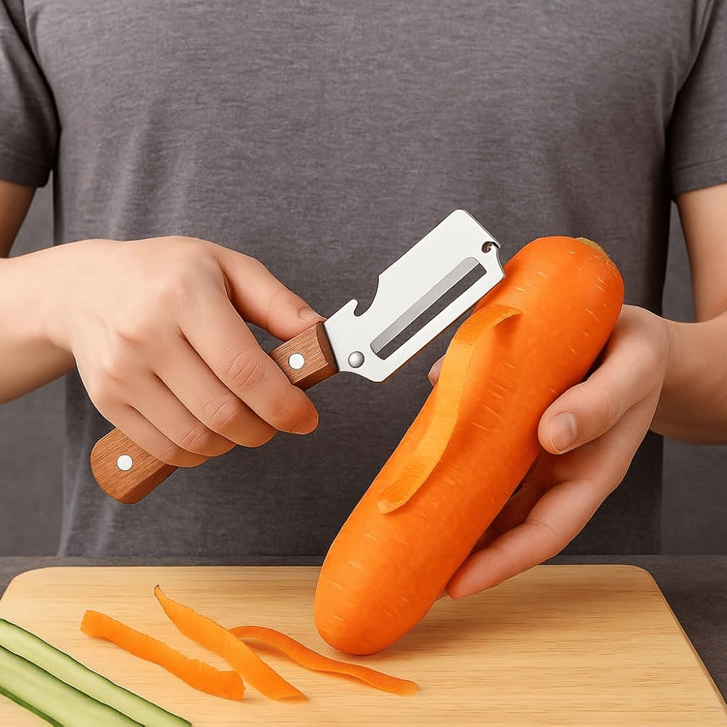     			3 in 1 Vegetable and Fruit Peeler Multifunctional Stainless Steel Slicer with Wooden Handle Julienne Cutter and Bottle Opener for Kitchen Potatoes Carrots Cucumbers