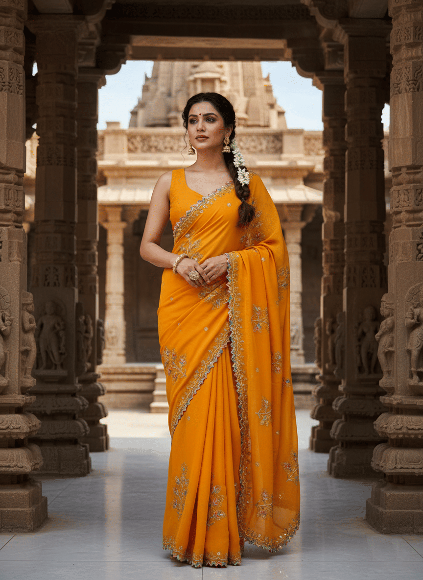 Avenue Creation Chiffon Embroidered Regular Saree With Unstitched Blouse Piece ( Gold ) Avenue Creation Chiffon Embroidered Regular Saree With Unstitched Blouse Piece ( Gold )