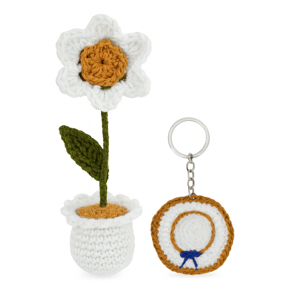     			Handmade Crochet Daisy Flower Pots and Key Chain– Decorative Home & Gifting Set