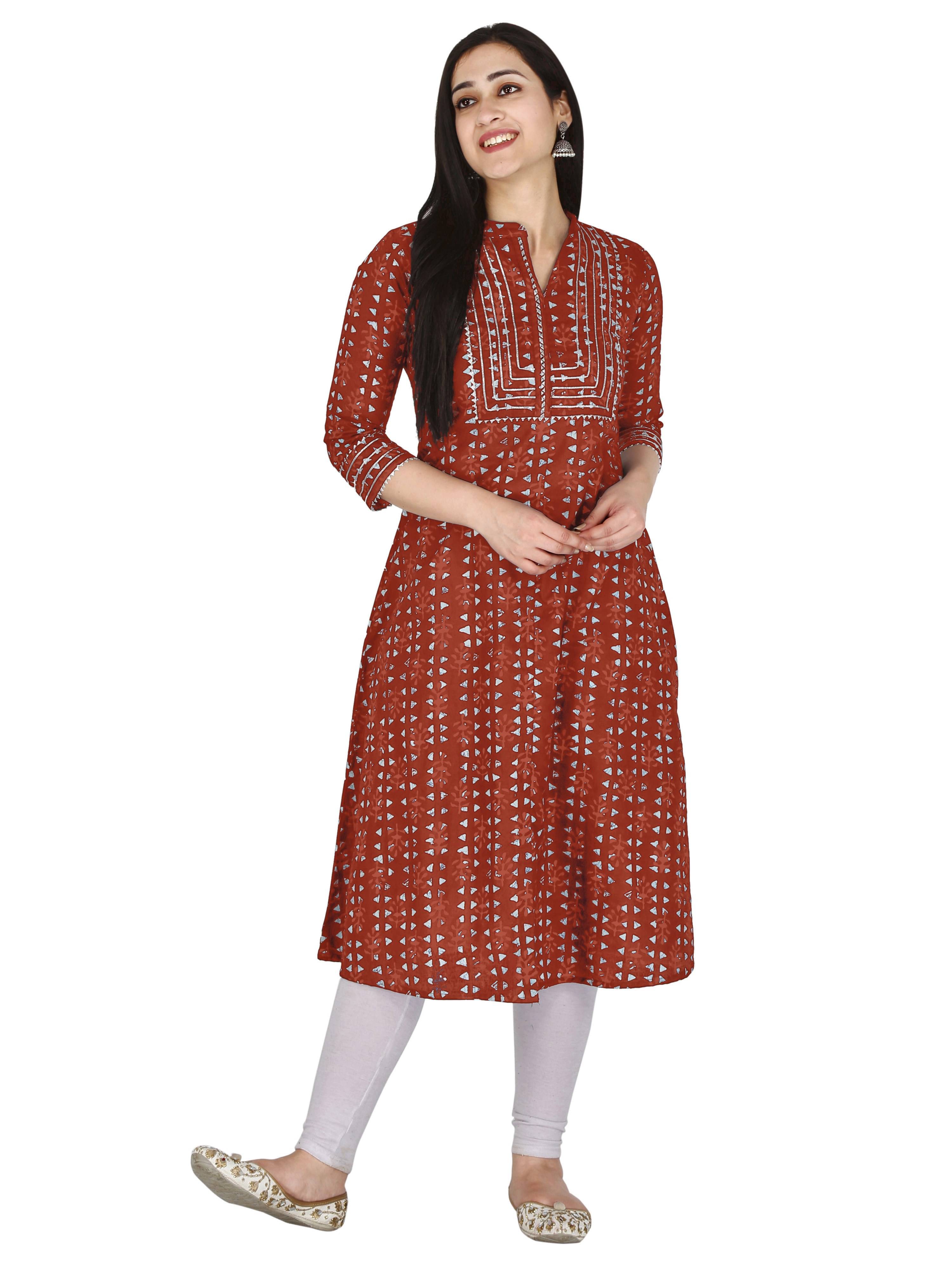     			KANNAHI Women Cotton Printed A-line Kurti ( Rust )
