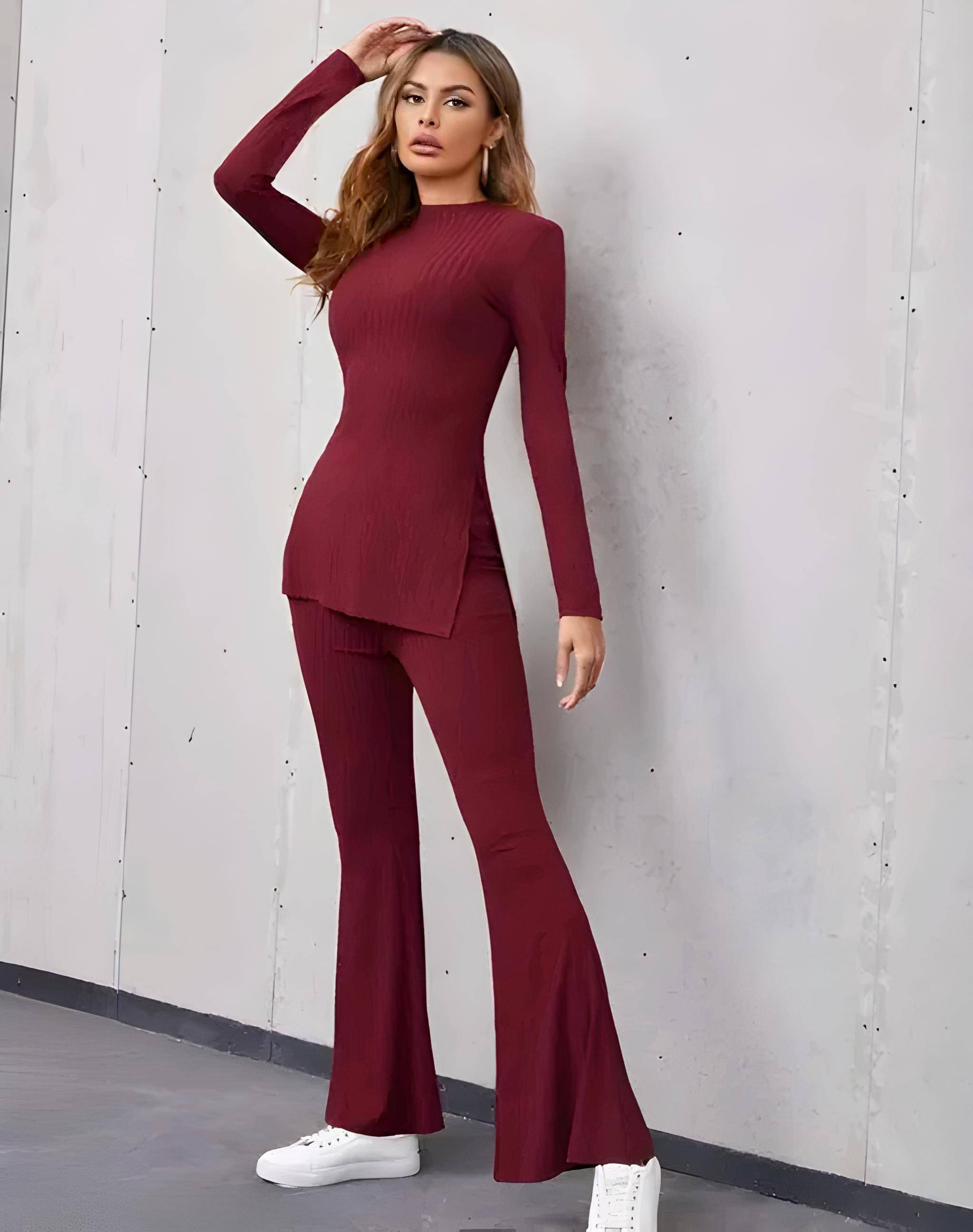 LOTUS INFINITY Women Self Design T-Shirt With Trousers Co-Ord Set ( Maroon ) LOTUS INFINITY Women Self Design T-Shirt With Trousers Co-Ord Set ( Maroon )