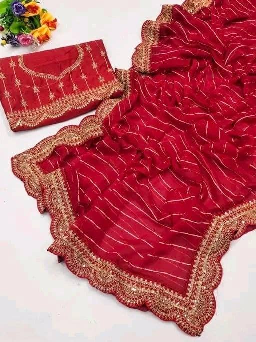 Nil Madhav Art Georgette Embroidered Regular Saree With Unstitched Blouse Piece ( Red ) - Sarees | Buy online on ZillyBuy
