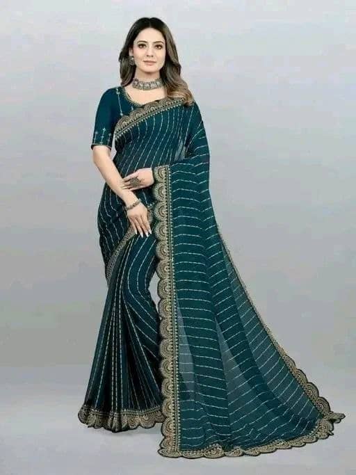 Nil Madhav Art Georgette Embroidered Regular Saree With Unstitched Blouse Piece ( Teal ) - Sarees | Buy online on ZillyBuy