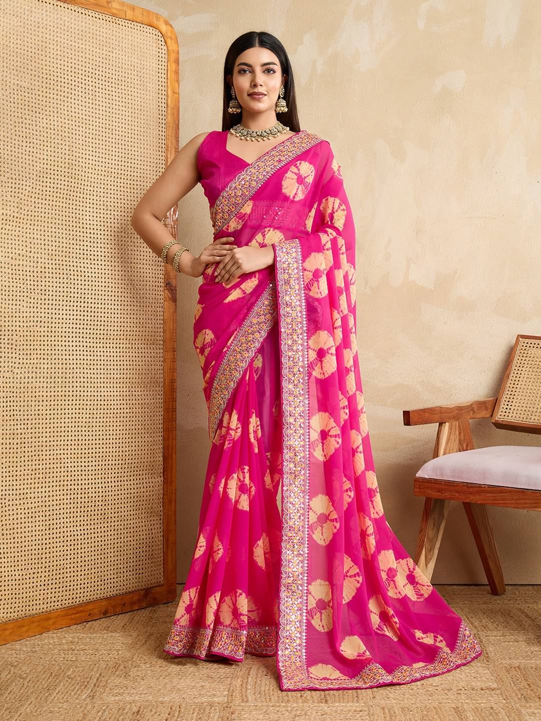     			Nil Madhav Art Georgette Embroidered Regular Saree With Unstitched Blouse Piece ( Pink )