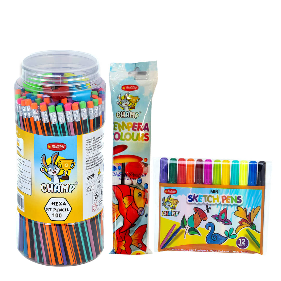 Rabbit Mini Art & Stationery Kit for Kids – Pencil Jar (100), Tempera 6 Colors, 12 Mini Sketch Pens with free 5 Sharpeners | Ideal Drawing & Coloring Set | Perfect Birthday Return Gift for Boys & Girls