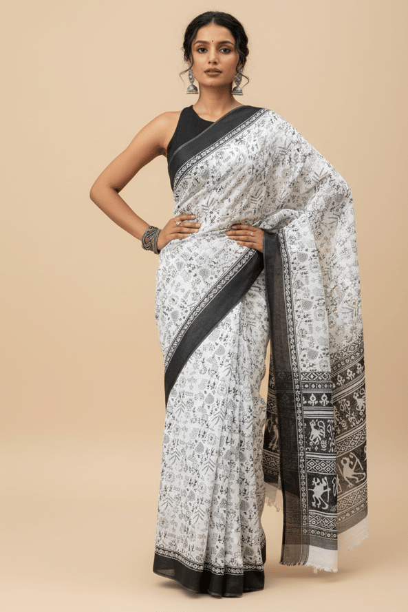     			SRIROHINISILKS Art Silk Printed Banarasi saree With Stitched Blouse ( White,Beige )