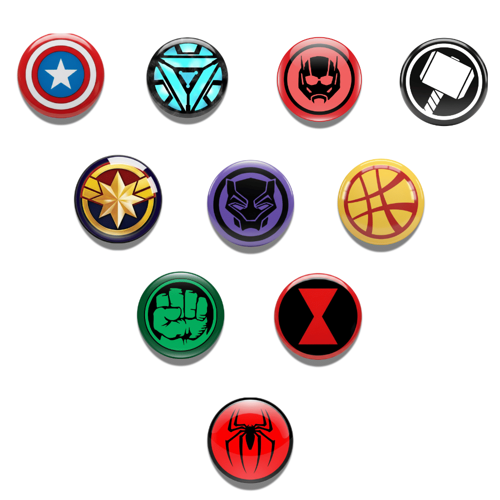     			Set of 10 Marvel Superhero Icon Pin Badges (Size 44mm) | Collectible Round Button Badges for Fans | Avengers Gift Set – Spiderman, Ironman, Captain America, Thor, Black Panther, Doctor Strange, Antman, Black Widow, Captain Marvel, Hulk