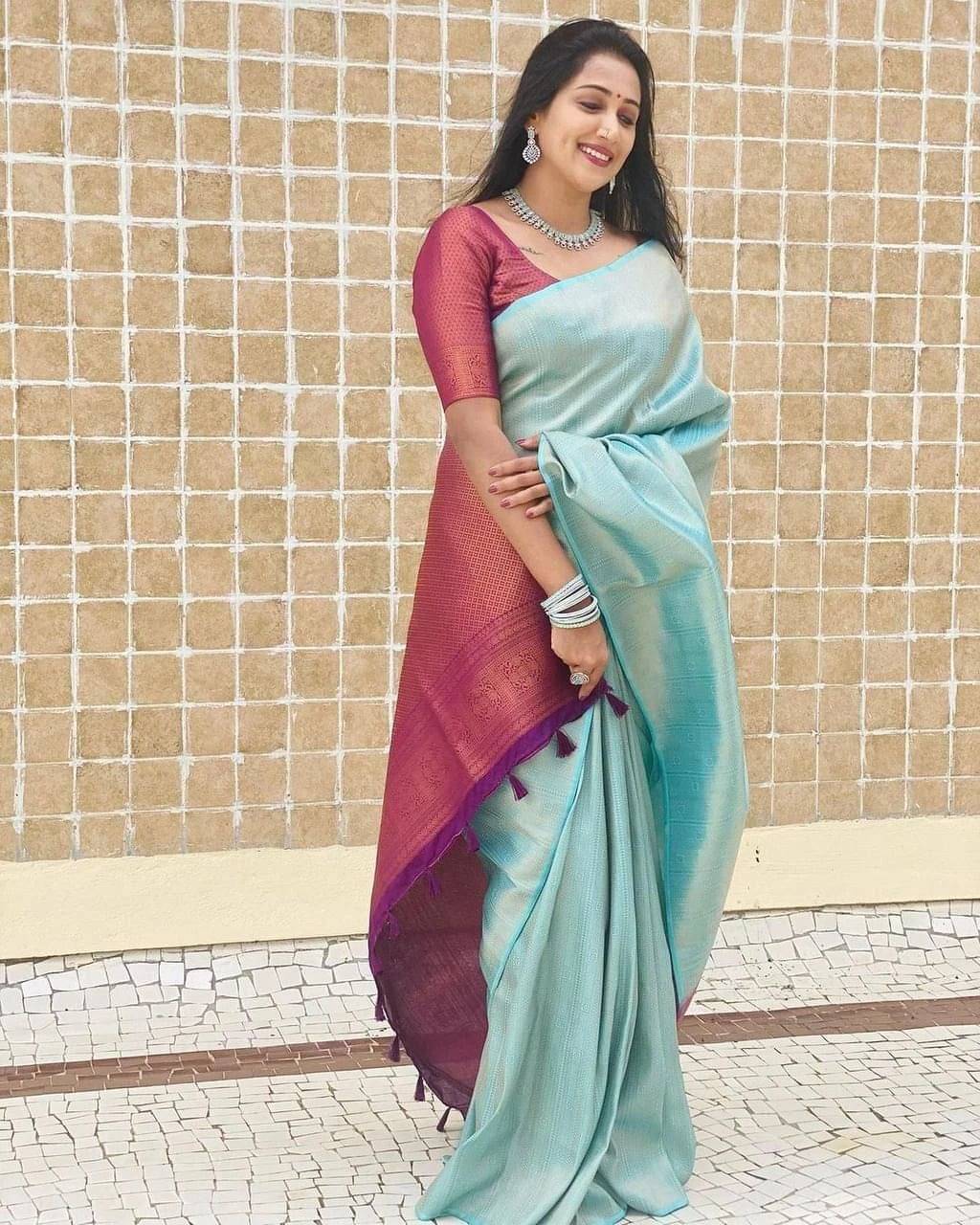     			Spetila Silk Blend Woven Design Kanjeevaram Sarees With Unstitched Blouse Piece ( Light Blue )