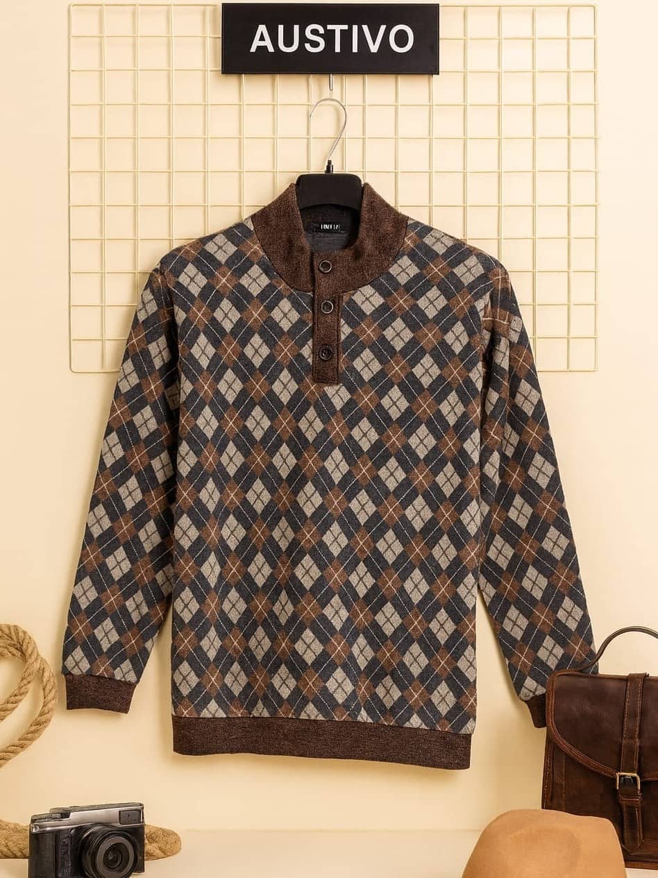 AUSTIVO Cotton Blend High Neck Men's Full Sleeves Cardigan Sweater - Coffee ( Pack of 1 )