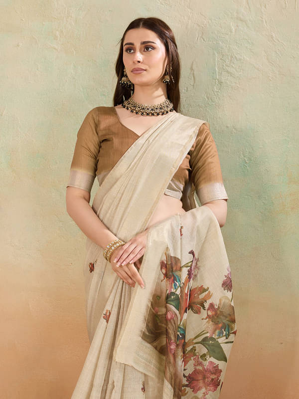 BFM Cotton Blend Printed Regular Saree With Unstitched Blouse Piece ( Brown ) BFM Cotton Blend Printed Regular Saree With Unstitched Blouse Piece ( Brown )