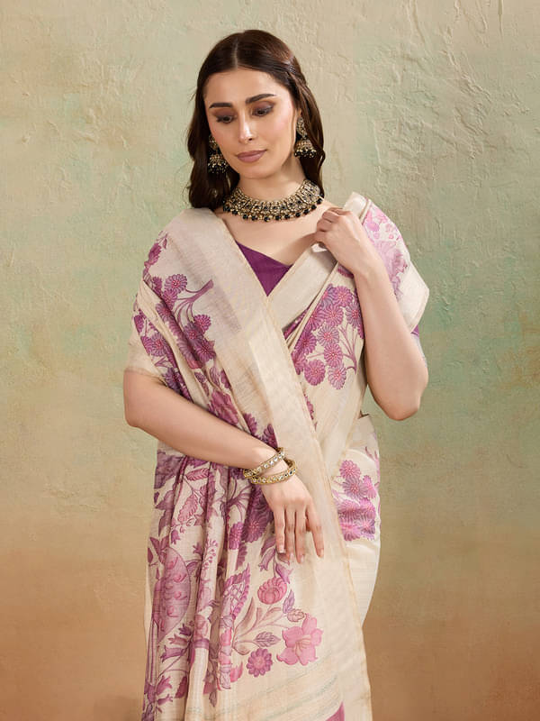 BFM Cotton Blend Printed Regular Saree With Unstitched Blouse Piece ( Rani ) BFM Cotton Blend Printed Regular Saree With Unstitched Blouse Piece ( Rani )