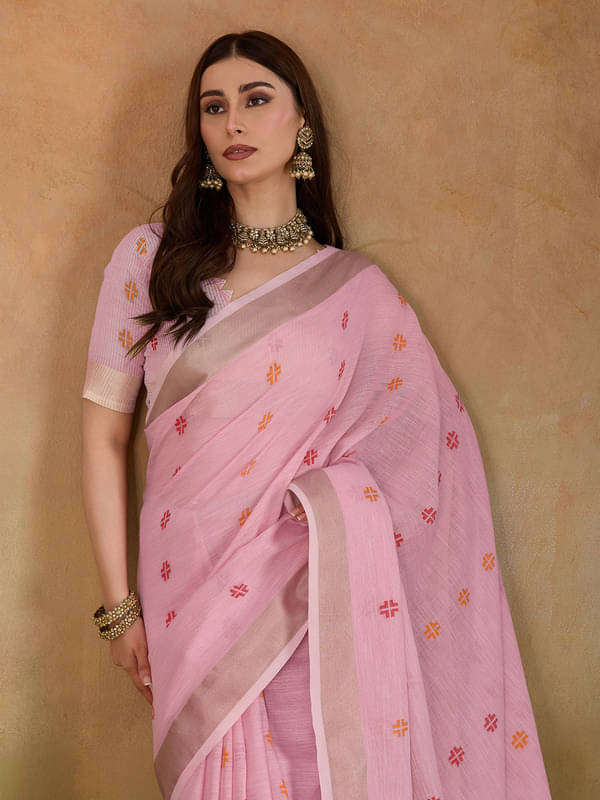     			BFM Linen Woven Regular Saree With Unstitched Blouse Piece ( Pink )