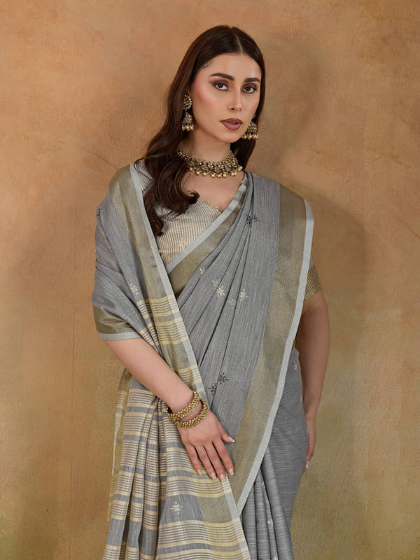 BFM Linen Woven Regular Saree With Unstitched Blouse Piece ( Grey ) BFM Linen Woven Regular Saree With Unstitched Blouse Piece ( Grey )