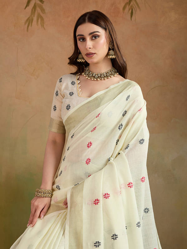 BFM Linen Woven Regular Saree With Unstitched Blouse Piece ( Cream ) BFM Linen Woven Regular Saree With Unstitched Blouse Piece ( Cream )