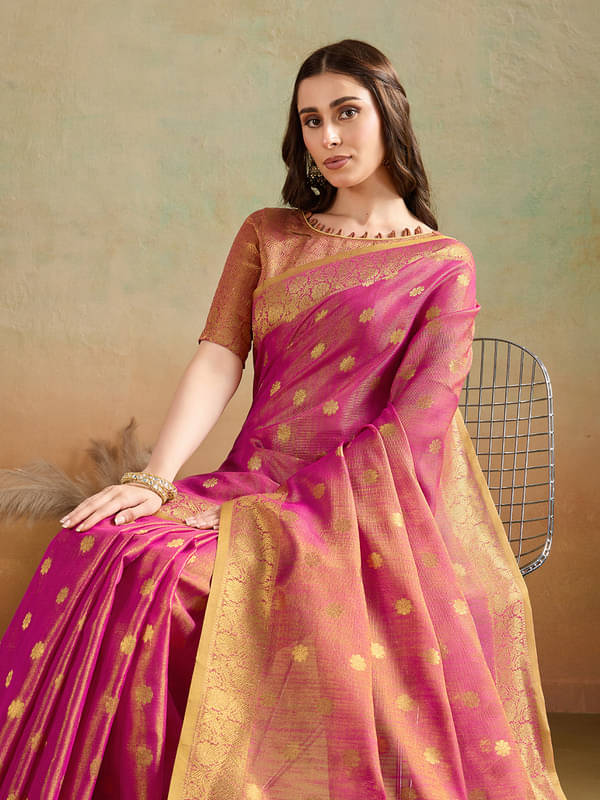     			BFM Tissue Woven Regular Saree With Unstitched Blouse Piece ( Rani )