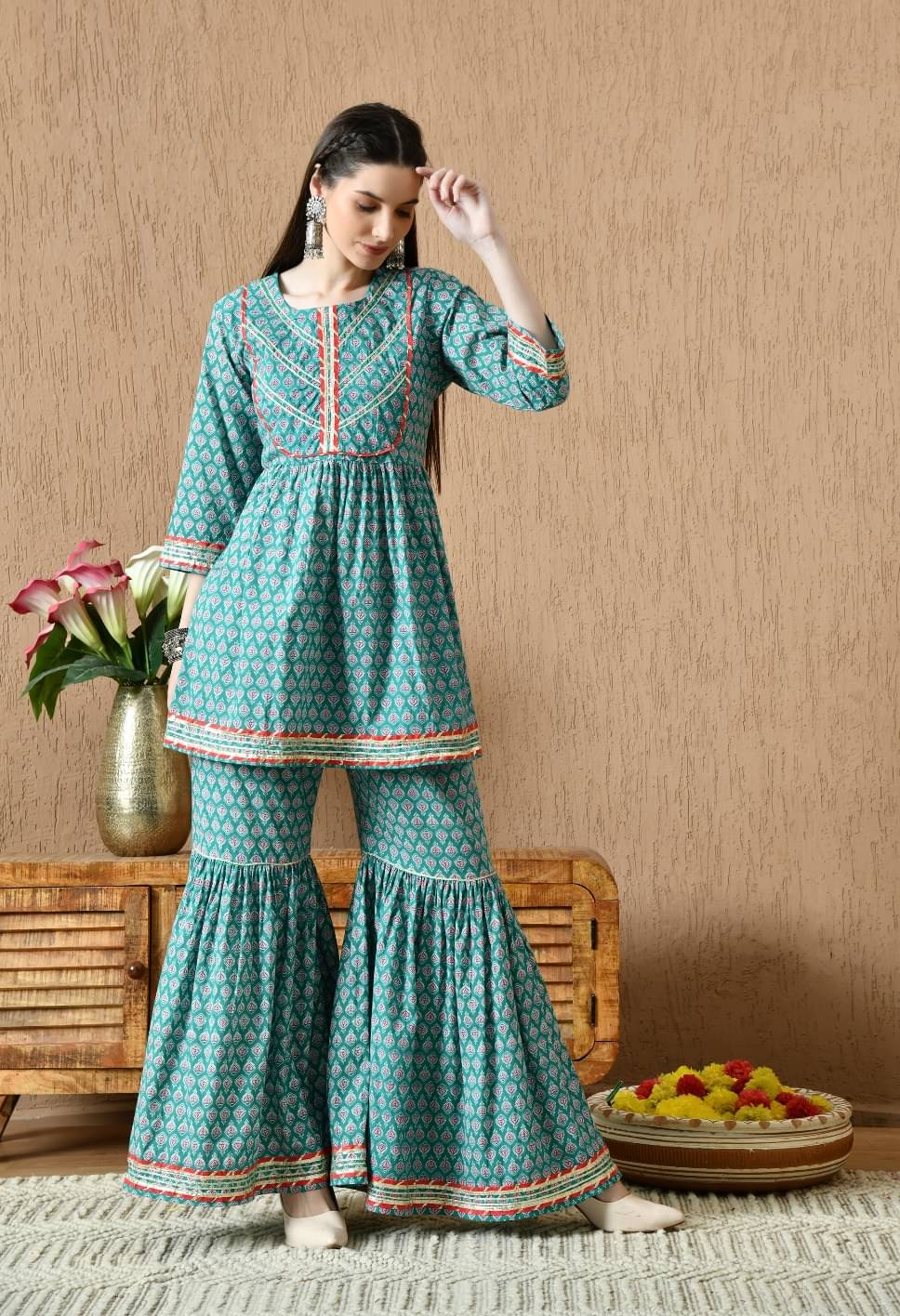 GURU EXPORT Women Cotton Printed Flared Kurti With Sharara And Gharara ( Green ) GURU EXPORT Women Cotton Printed Flared Kurti With Sharara And Gharara ( Green )
