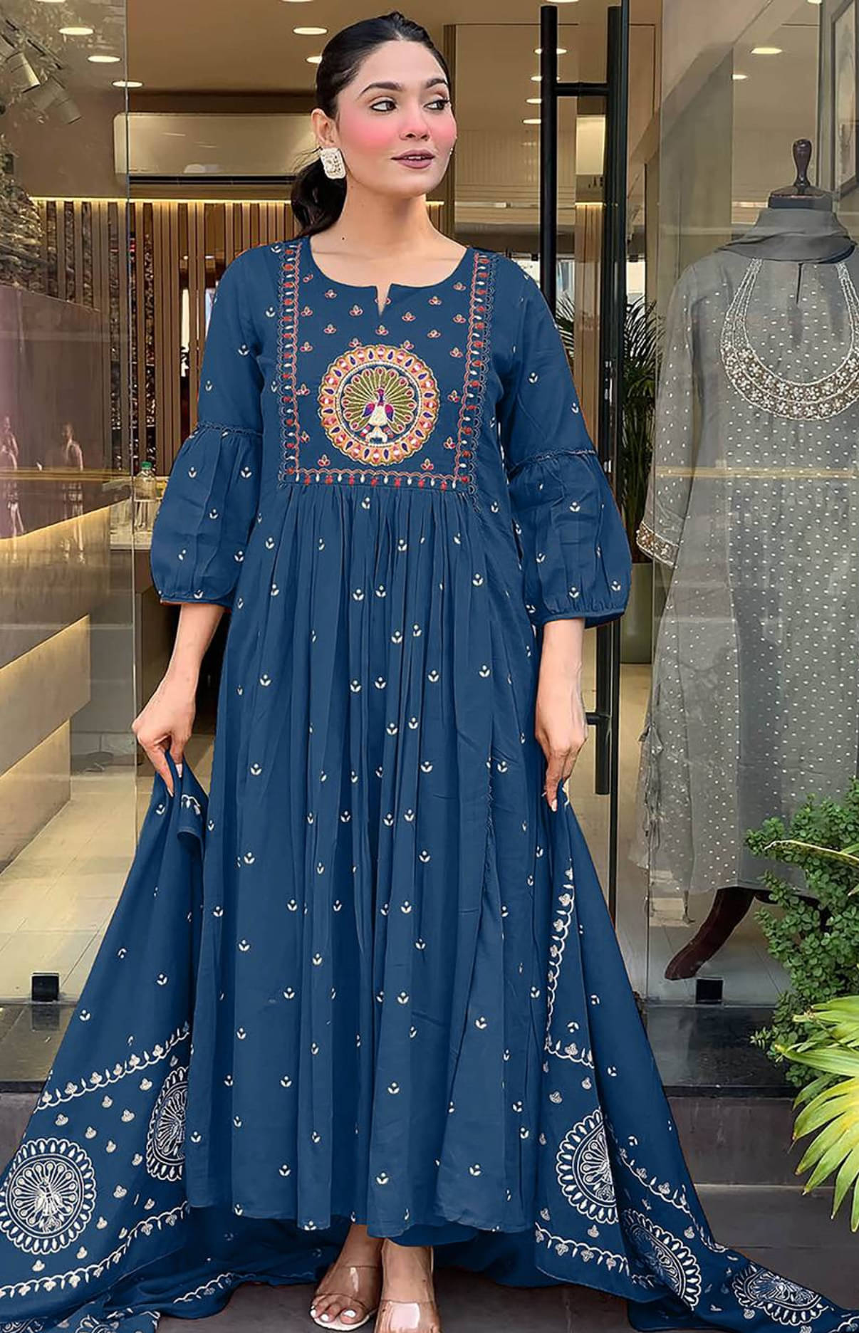 Heavenly Attire Women Cotton Embroidered Anarkali Kurti With Salwar ( Blue ) Heavenly Attire Women Cotton Embroidered Anarkali Kurti With Salwar ( Blue )
