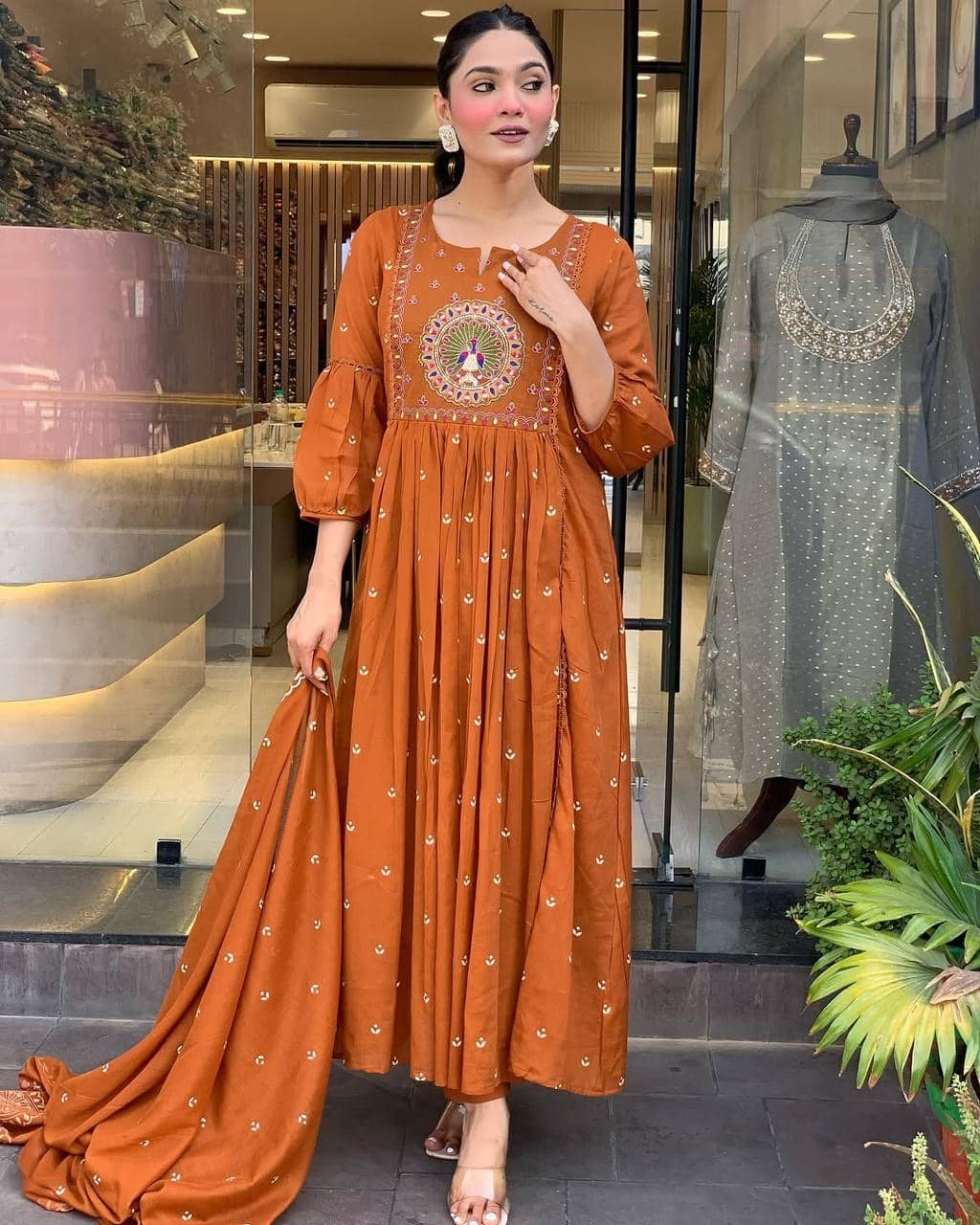 Heavenly Attire Women Cotton Embroidered Anarkali Kurti With Salwar ( Rust )