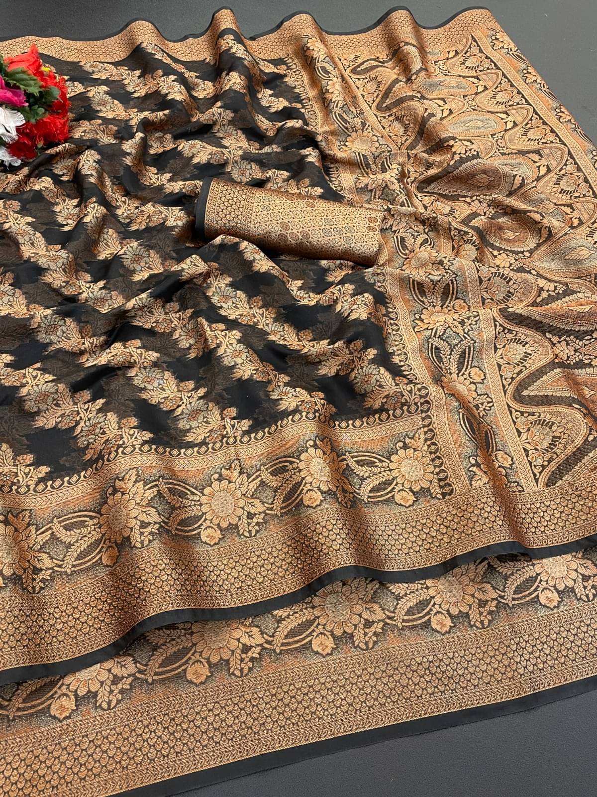 JULEE Organza Printed Regular Saree With Unstitched Blouse Piece ( Black ) JULEE Organza Printed Regular Saree With Unstitched Blouse Piece ( Black )