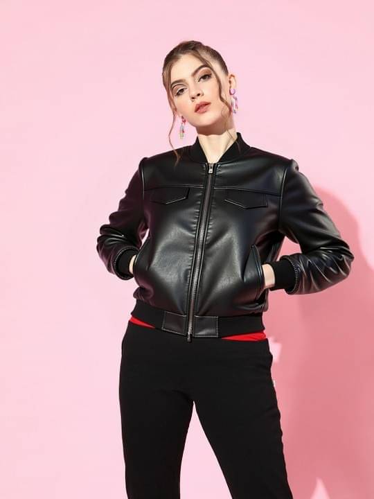     			NEW-18 Women Round Neck Leather Jacket ( Black )