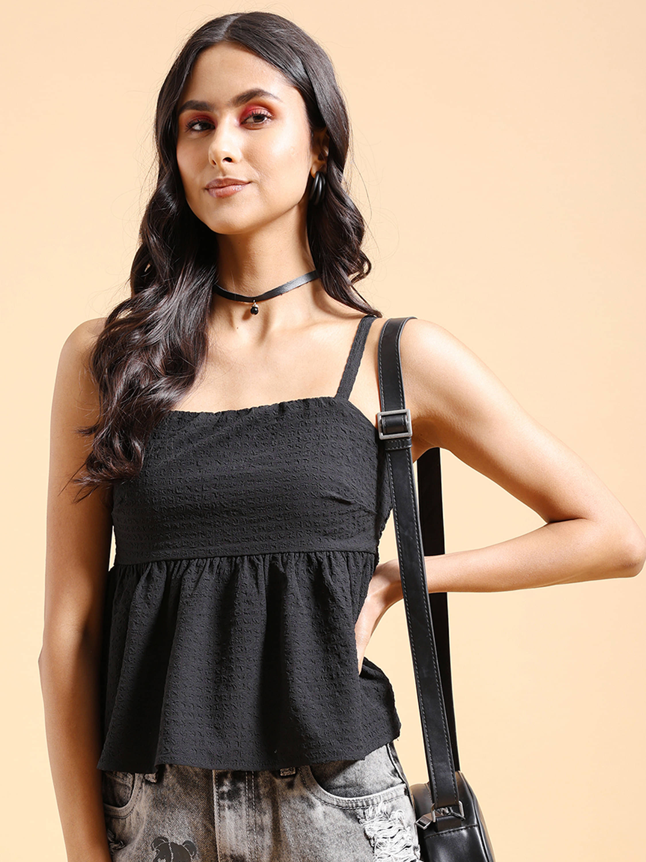 Tokyo Talkies Women's Polyester Peplum Top ( Black ) Tokyo Talkies Women's Polyester Peplum Top ( Black )