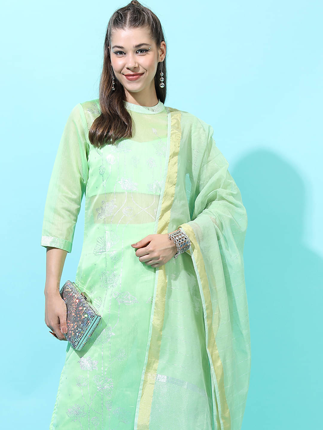     			Vishudh Women Chanderi Printed Straight Kurti With Pants ( Green )