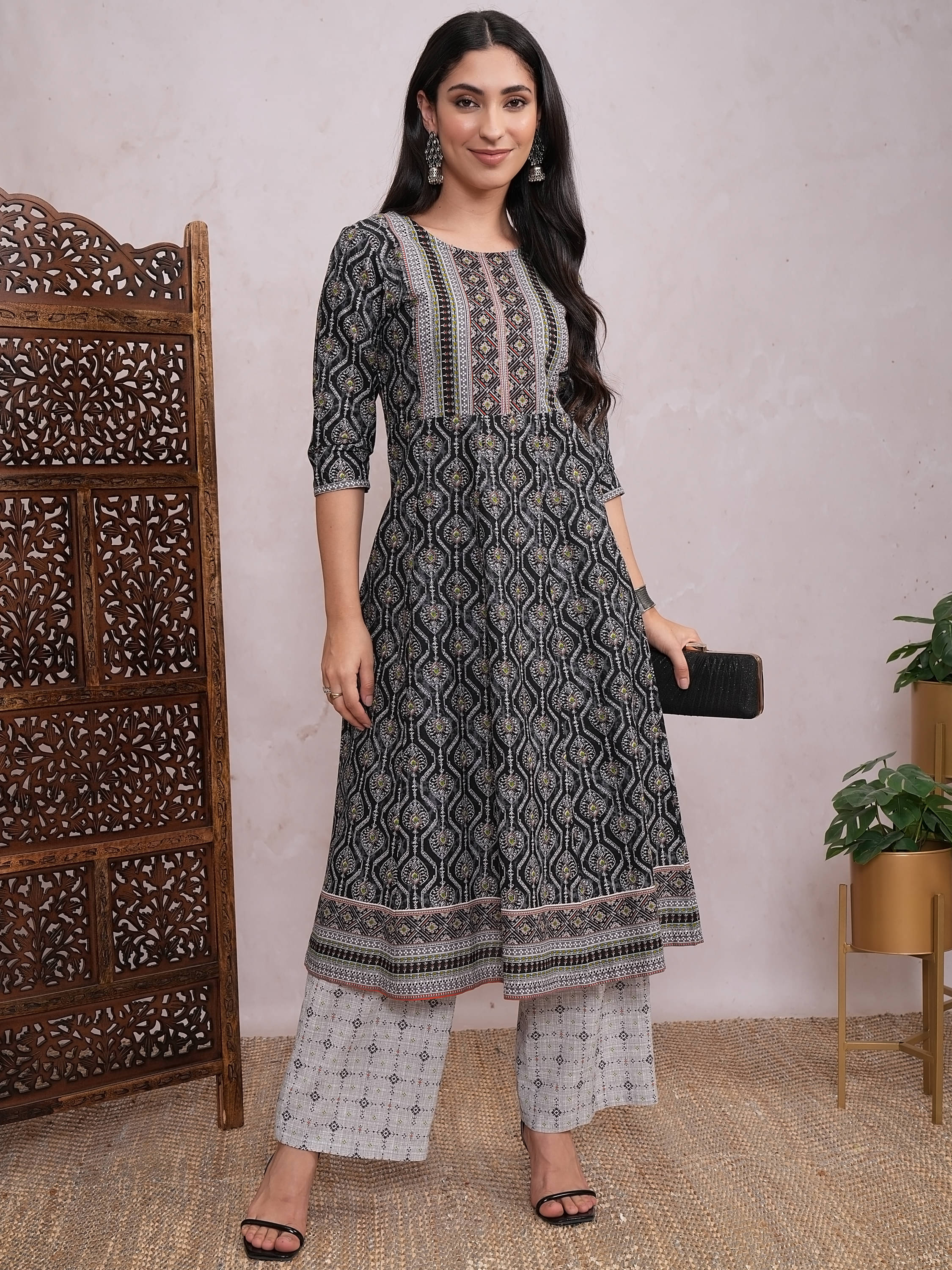 Vishudh Women Cotton Printed Anarkali Kurti With Palazzo ( Grey ) Vishudh Women Cotton Printed Anarkali Kurti With Palazzo ( Grey )