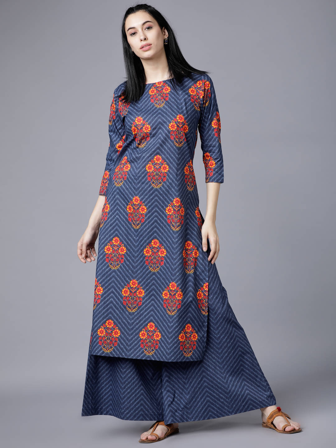     			Vishudh Women Cotton Printed Straight Kurti With Palazzo ( Blue )