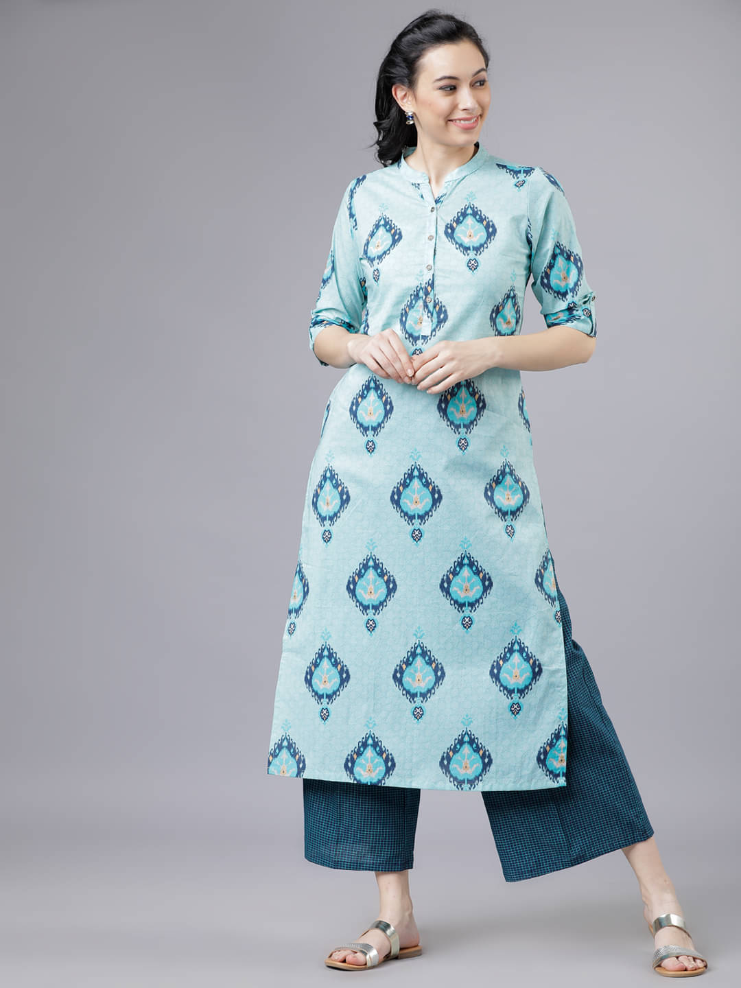 Vishudh Women Cotton Printed Straight Kurti With Palazzo ( Aqua Blue ) Vishudh Women Cotton Printed Straight Kurti With Palazzo ( Aqua Blue )