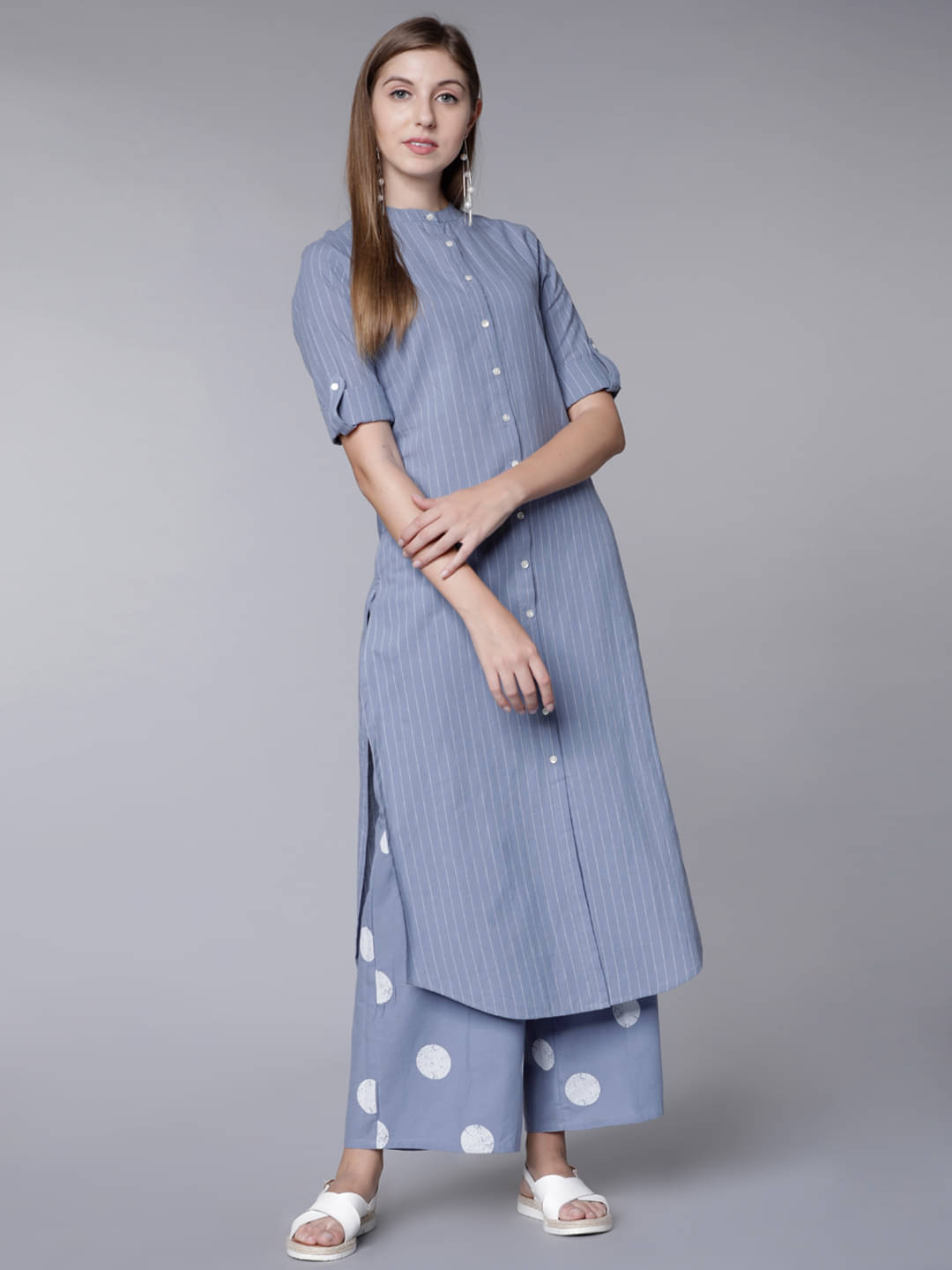 Vishudh Women Cotton Striped Straight Kurti With Pants ( Blue ) Vishudh Women Cotton Striped Straight Kurti With Pants ( Blue )