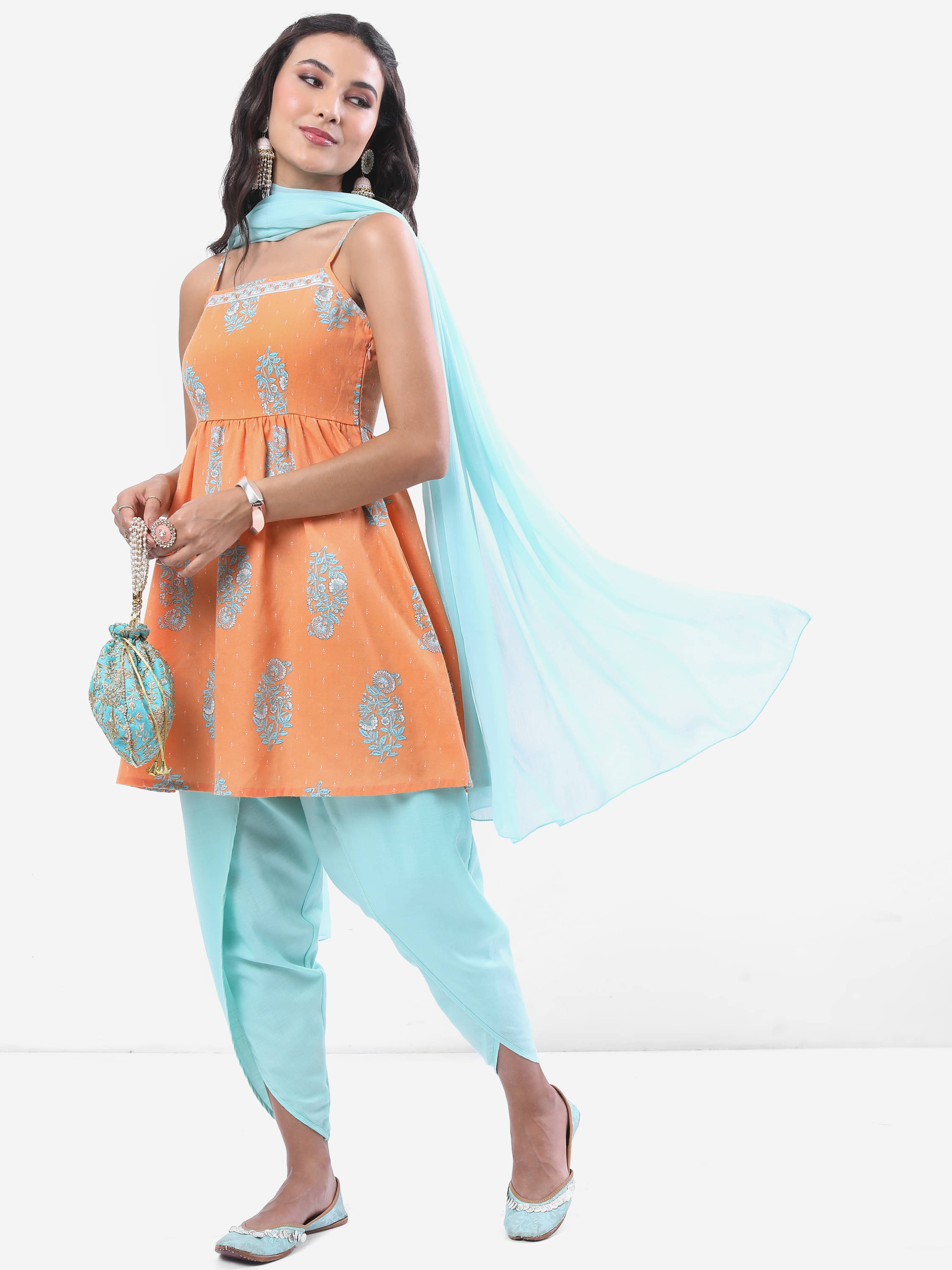     			Vishudh Women Polyester Printed A-line Kurti With Dhoti Pants ( Peach )