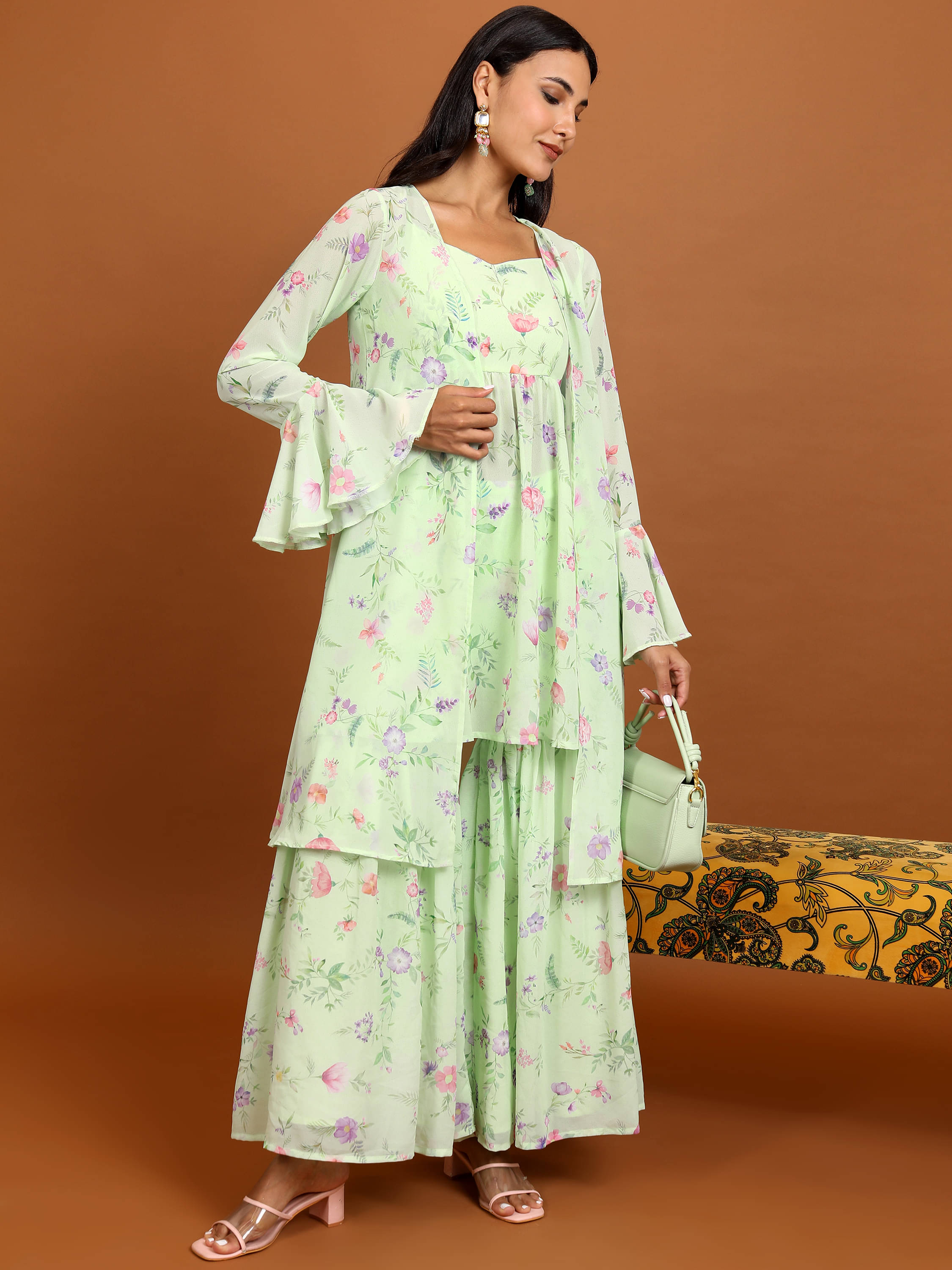     			Vishudh Women Polyester Printed A-line Kurti With Sharara And Gharara ( Green )