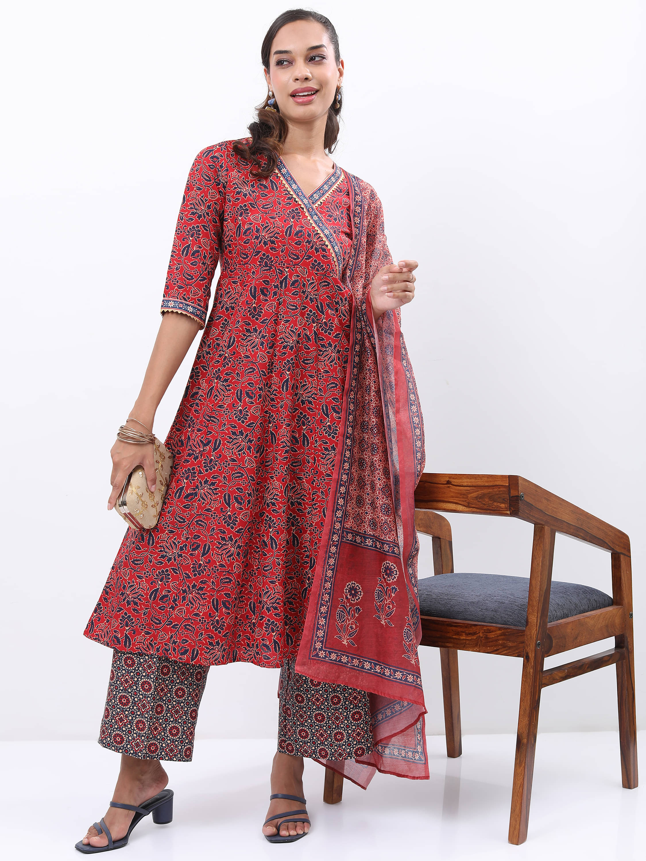Vishudh Women Polyester Printed Angrakha Kurti With Palazzo ( Red ) Vishudh Women Polyester Printed Angrakha Kurti With Palazzo ( Red )