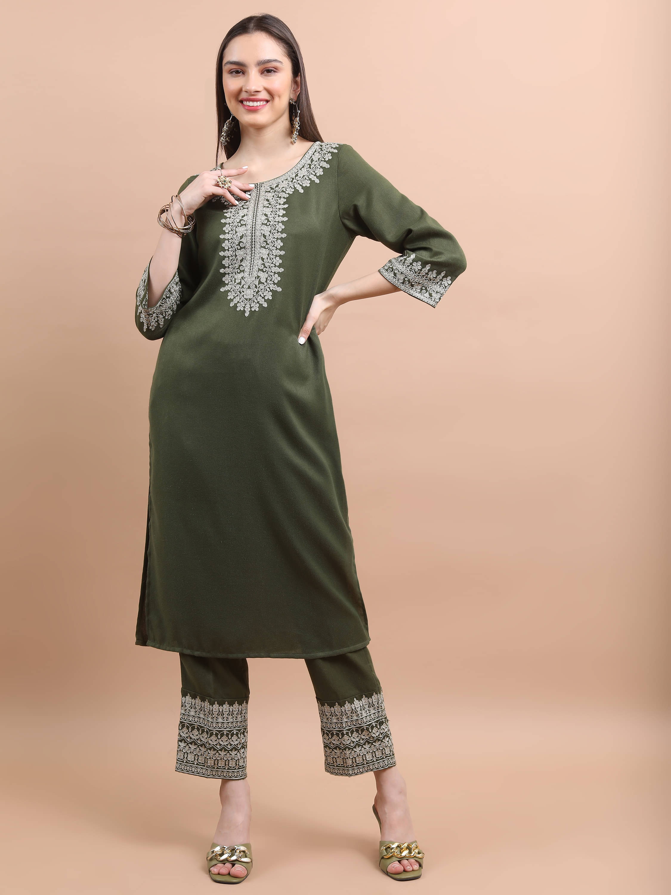     			Vishudh Women Polyester Self Design Straight Kurti With Palazzo ( Olive )