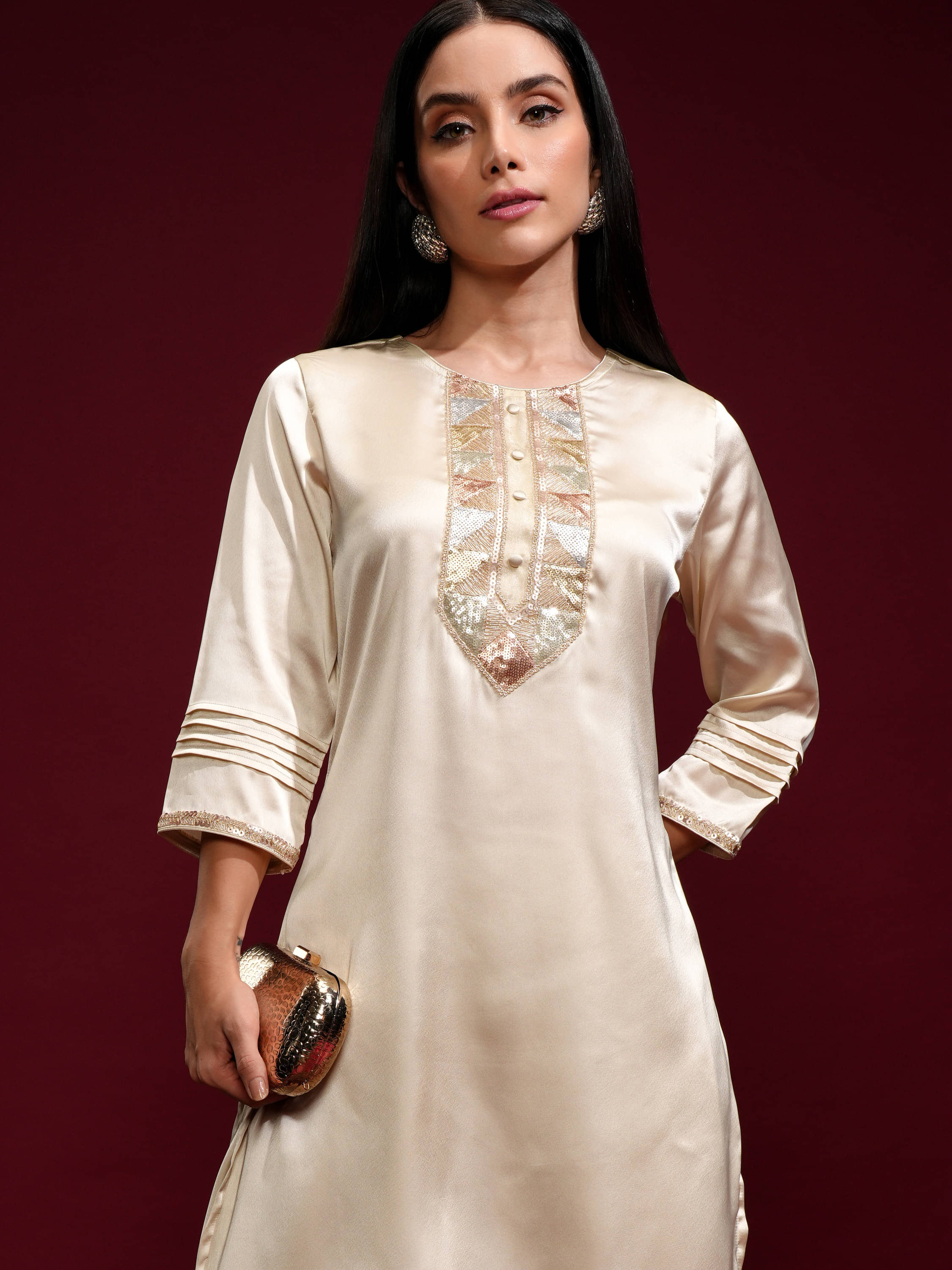     			Vishudh Women Polyester Solid A-line Kurti With Palazzo ( Beige )