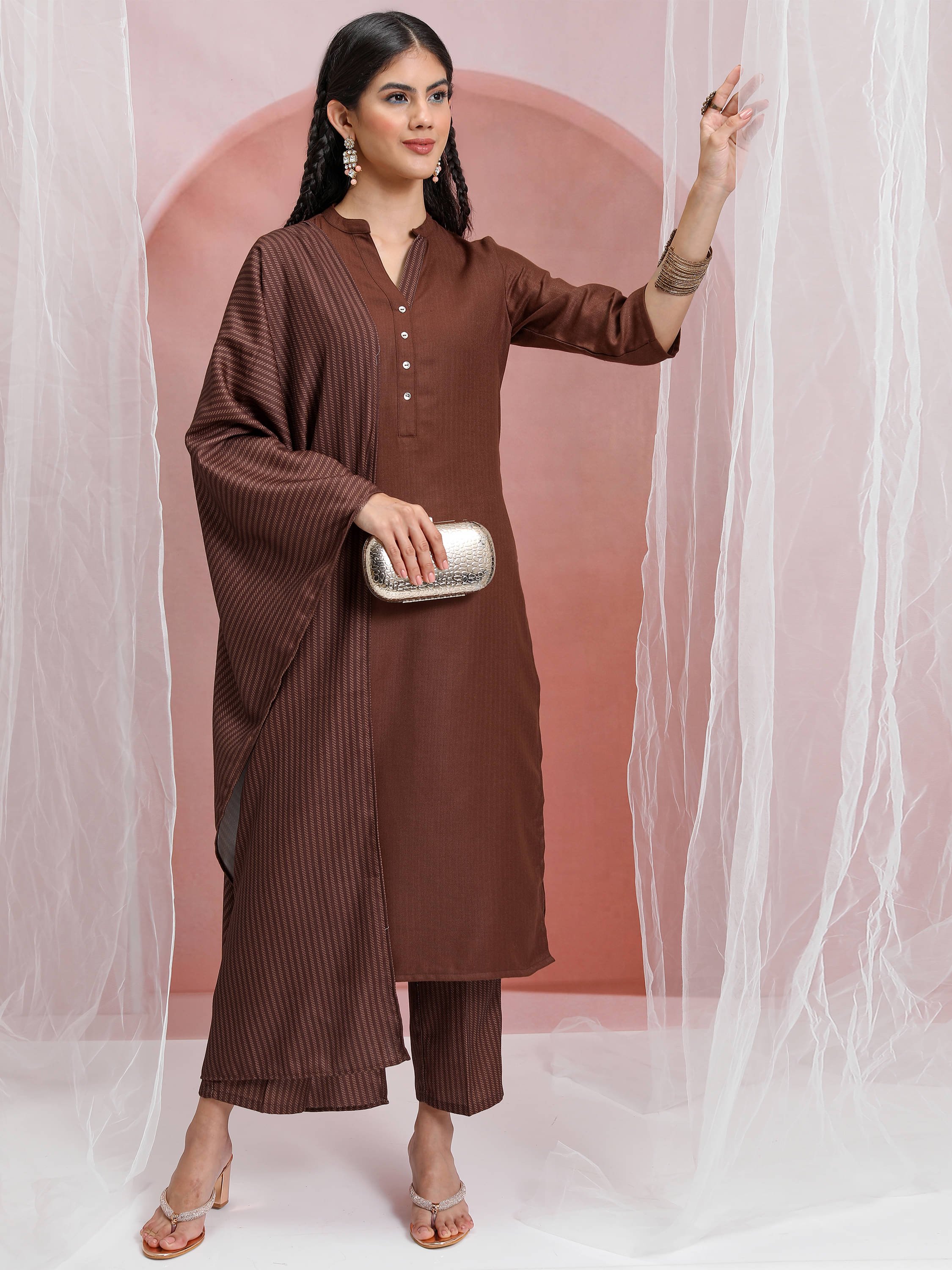     			Vishudh Women Polyester Solid Straight Kurti With Pants ( Brown )