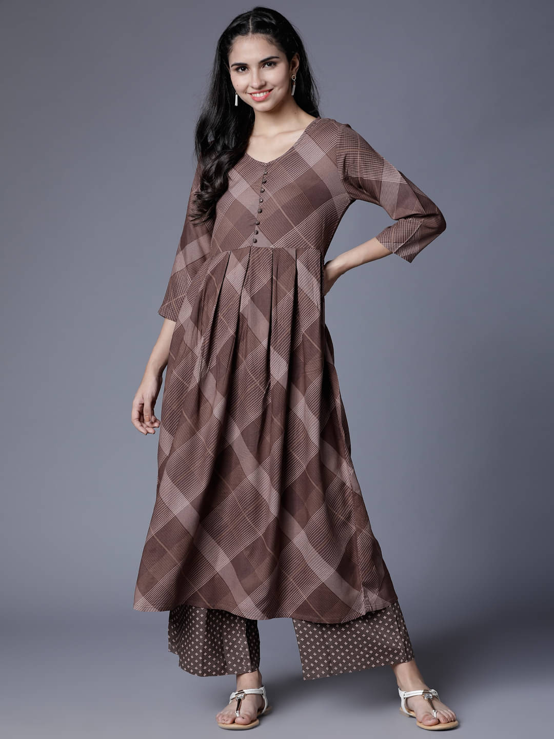 Vishudh Women Rayon Printed A-line Kurti With Palazzo ( Brown ) Vishudh Women Rayon Printed A-line Kurti With Palazzo ( Brown )