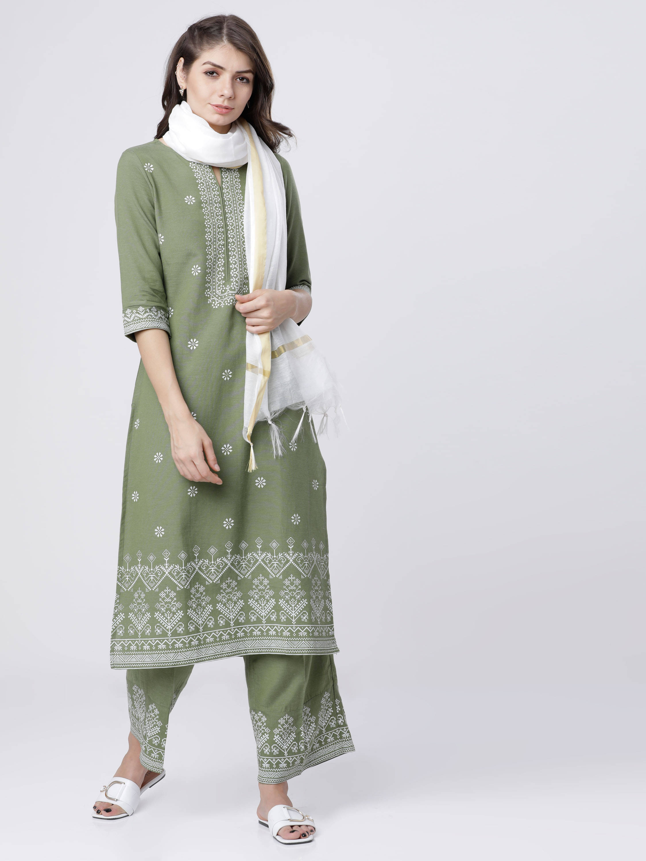    			Vishudh Women Rayon Printed Straight Kurti With Palazzo ( Green )