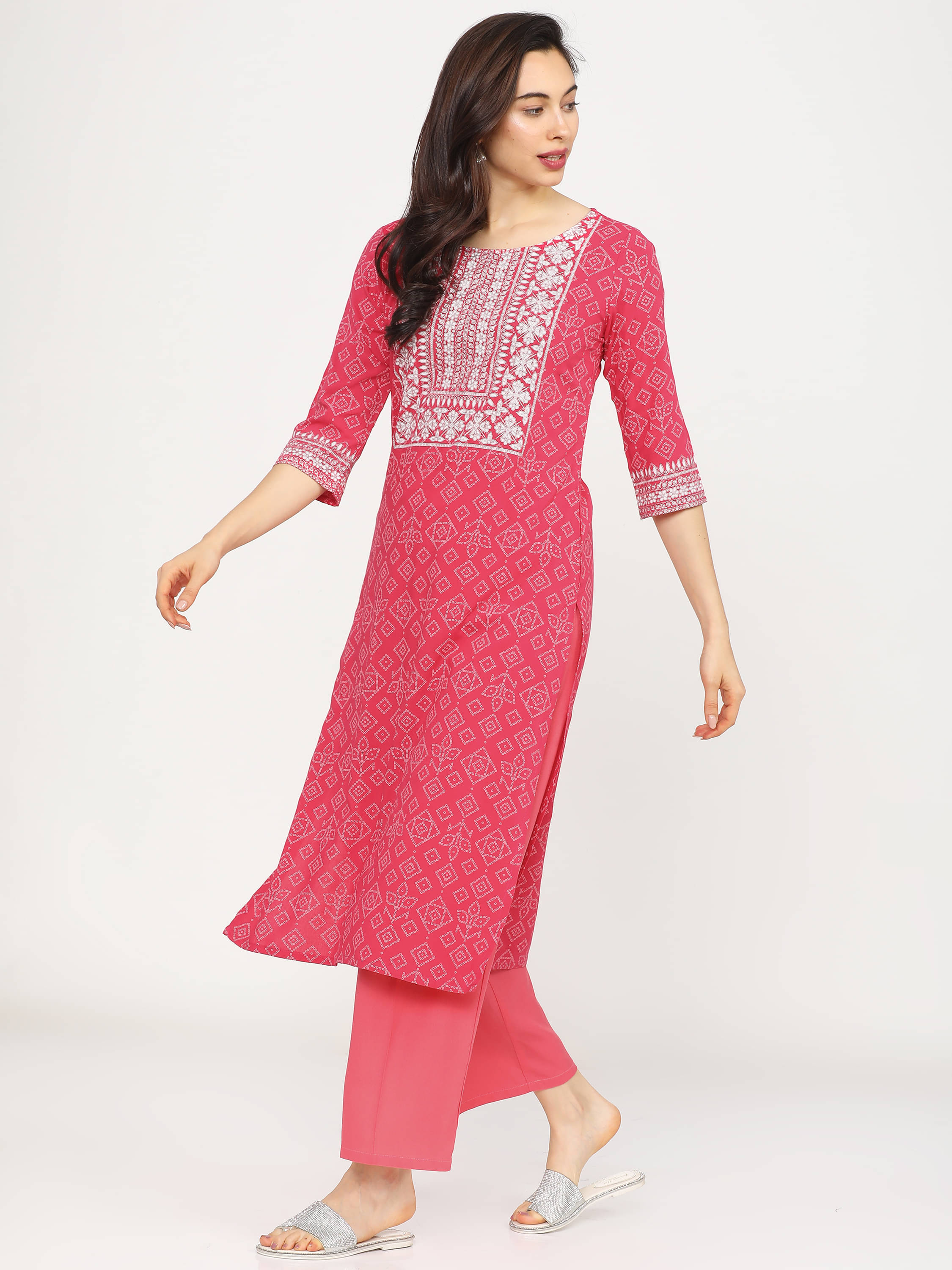     			Vishudh Women Viscose Printed A-line Kurti With Palazzo ( Pink )