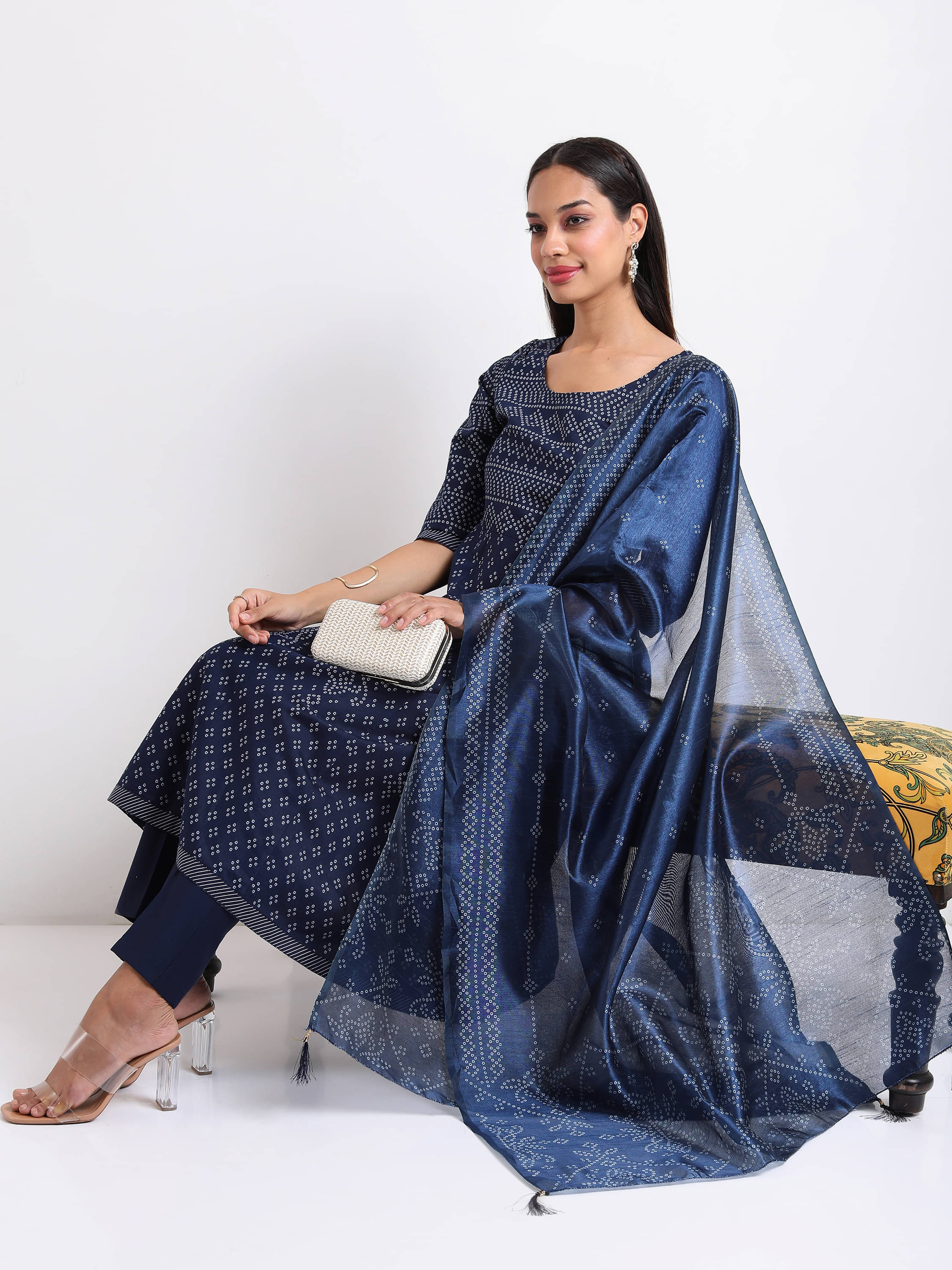     			Vishudh Women Viscose Printed A-line Kurti With Pants ( Blue )