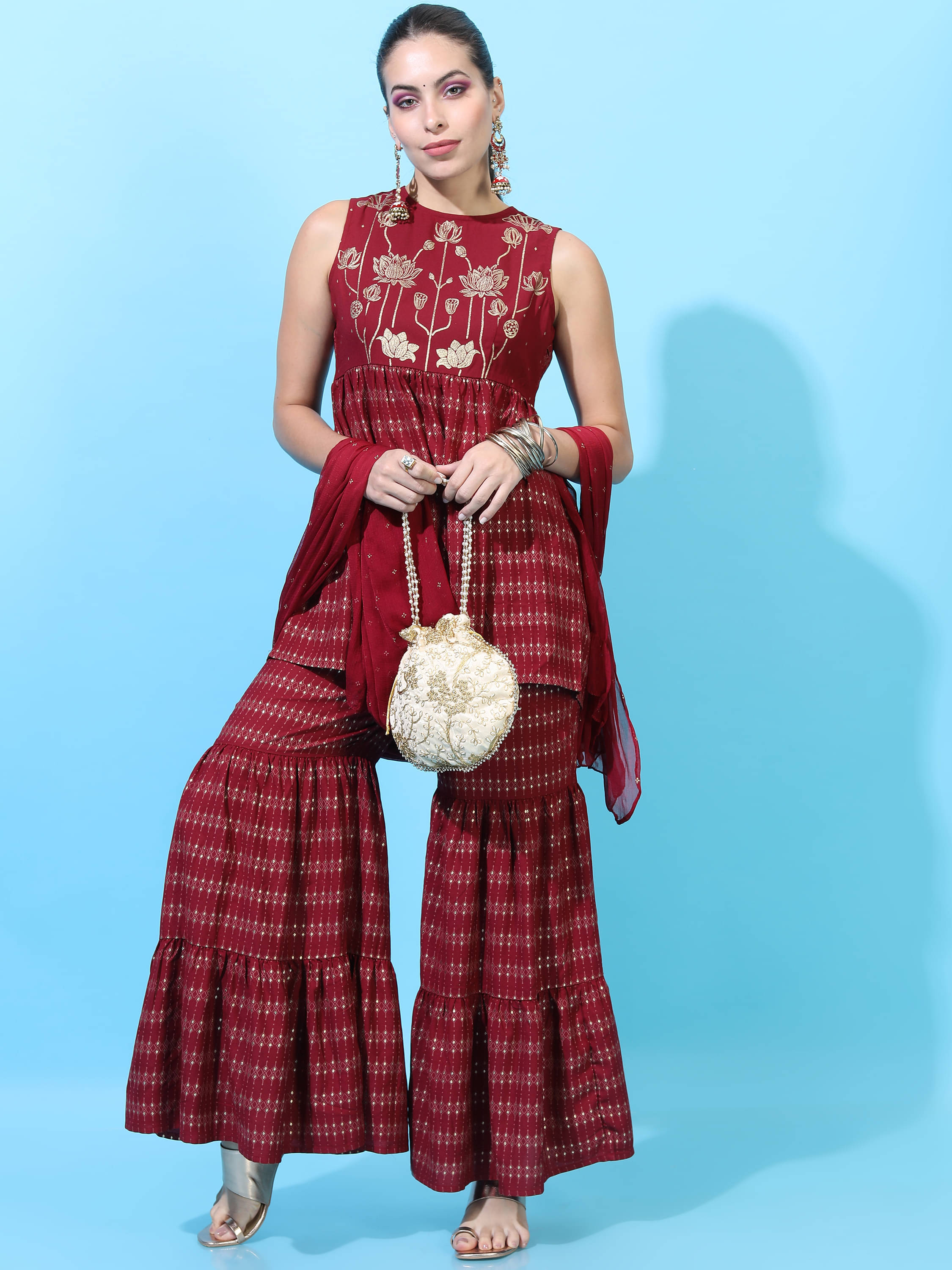     			Vishudh Women Viscose Printed Straight Kurti With Sharara And Gharara ( Red )