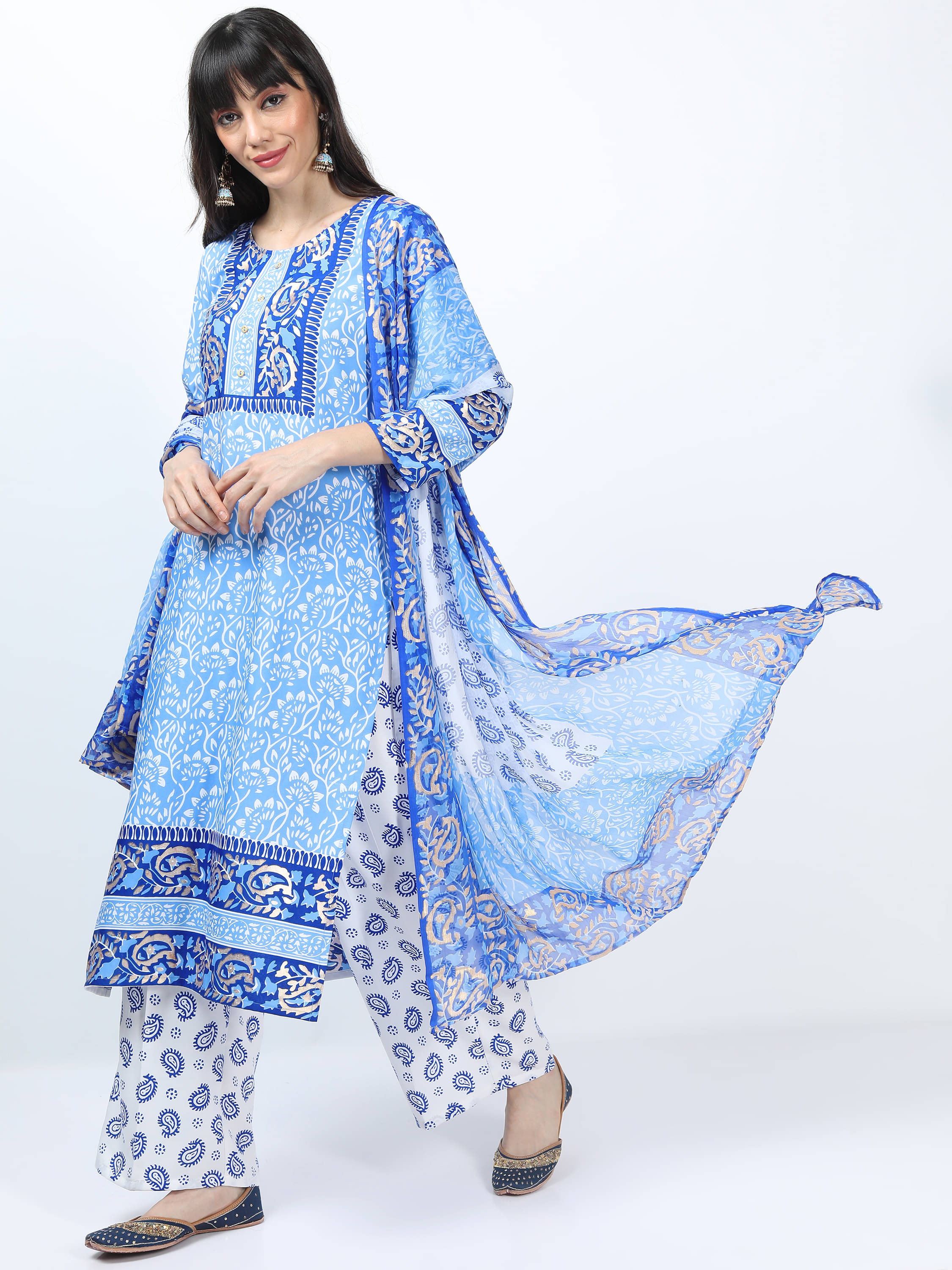     			Vishudh Women Viscose Printed Straight Kurti With Pants ( Blue )