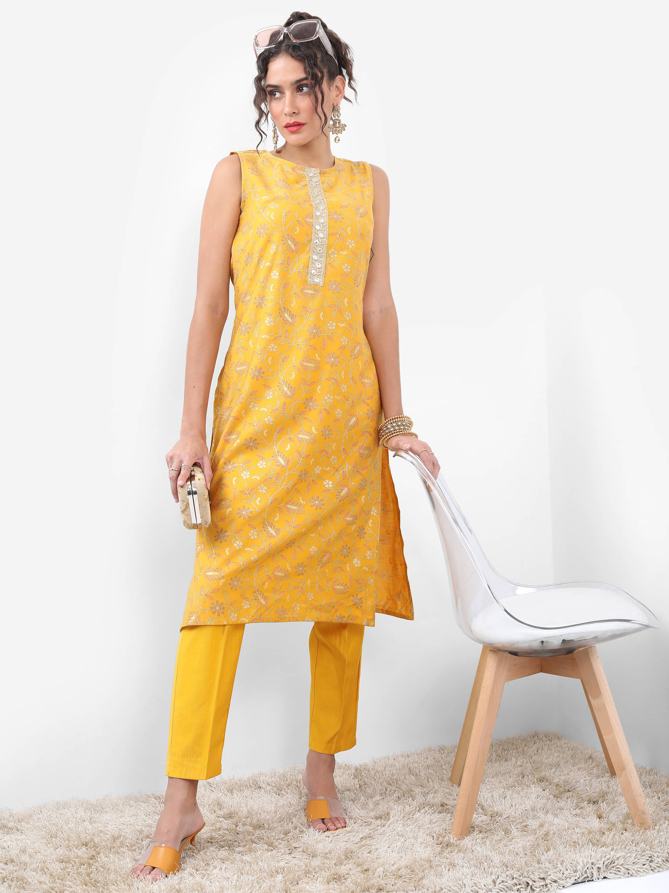     			Vishudh Women Viscose Self Design Straight Kurti With Pants ( Yellow )