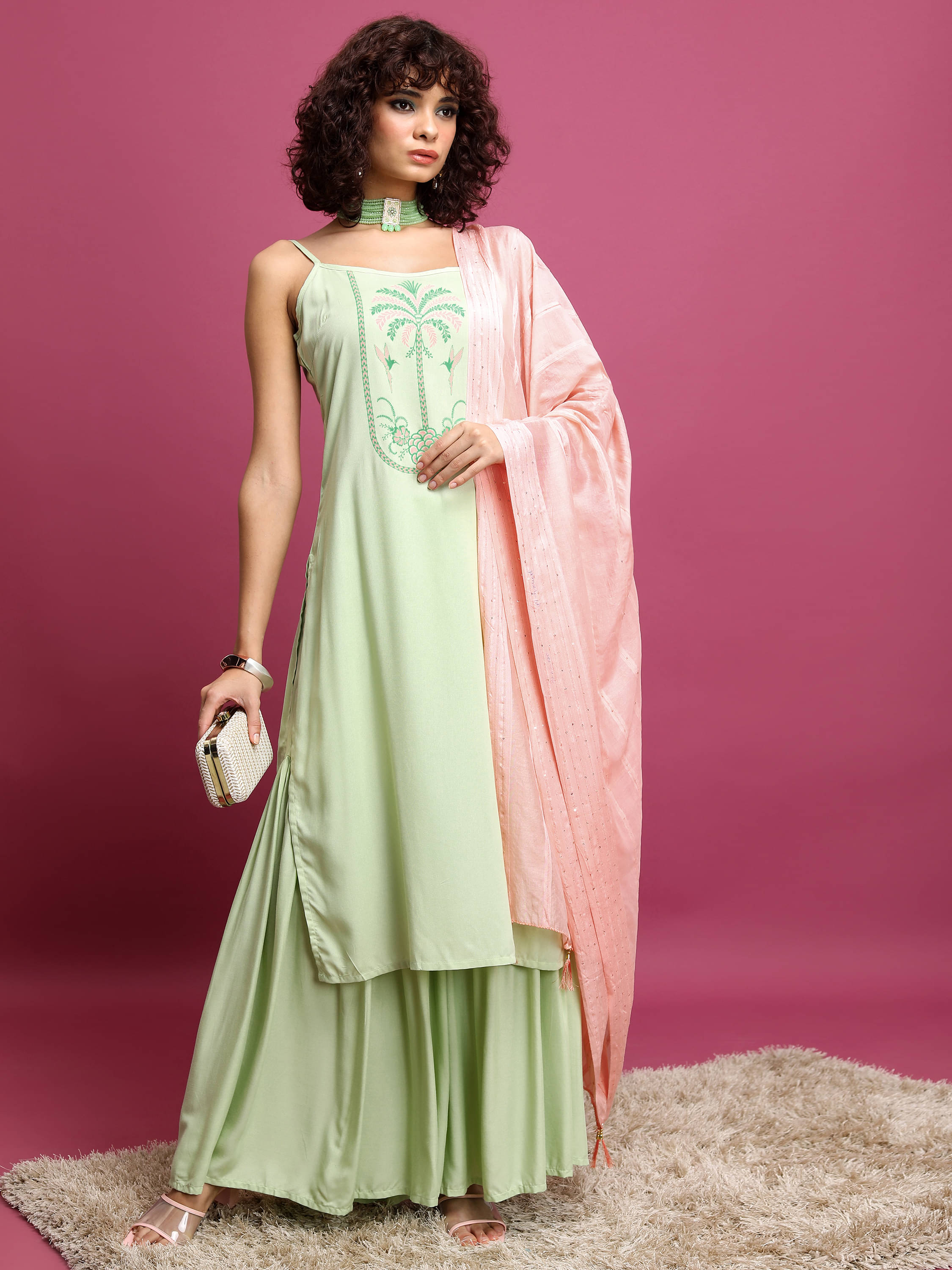 Vishudh Women Viscose Self Design Straight Kurti With Sharara And Gharara ( Green ) Vishudh Women Viscose Self Design Straight Kurti With Sharara And Gharara ( Green )