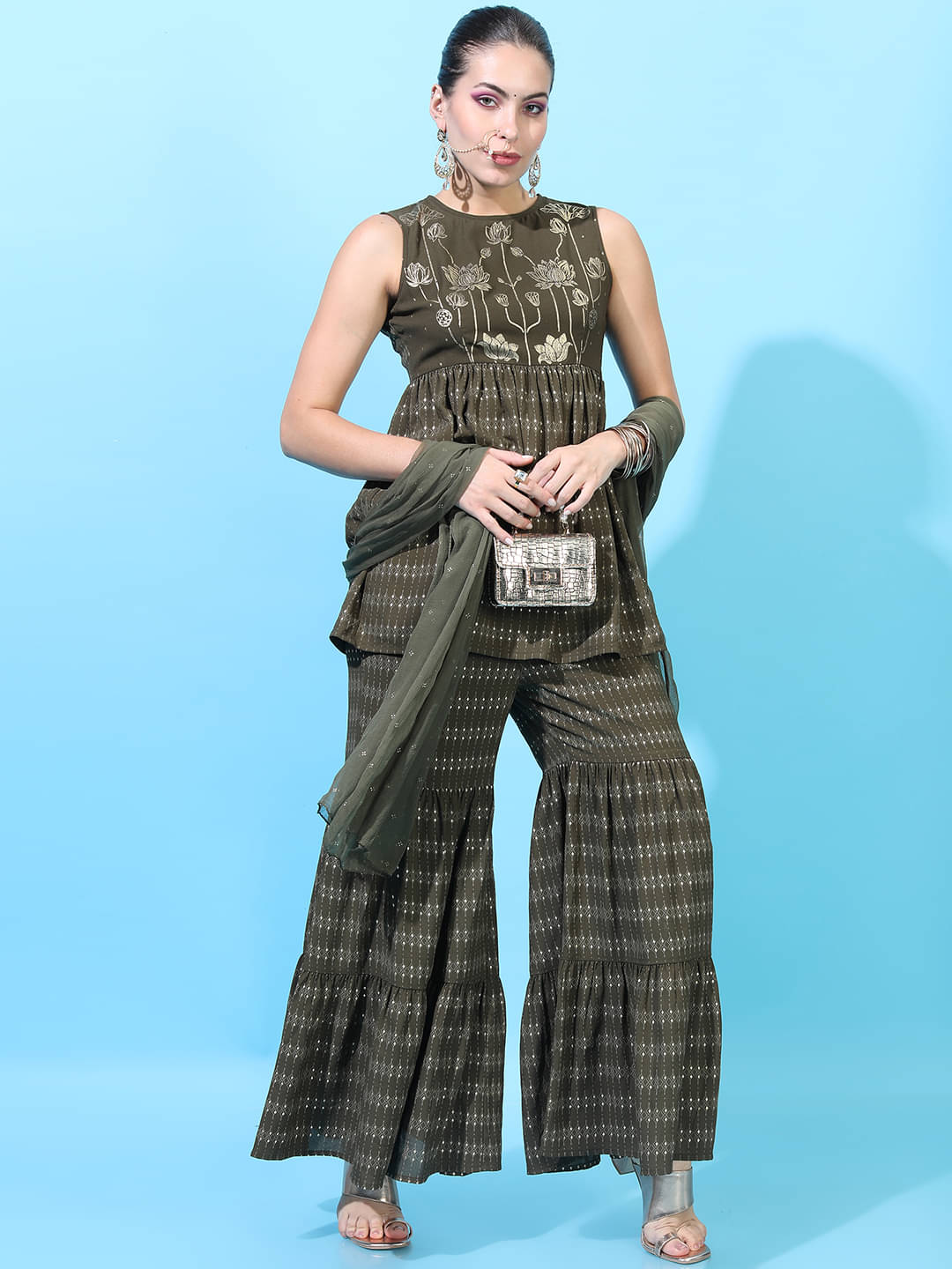     			Vishudh Women Viscose Solid A-line Kurti With Sharara And Gharara ( Green )