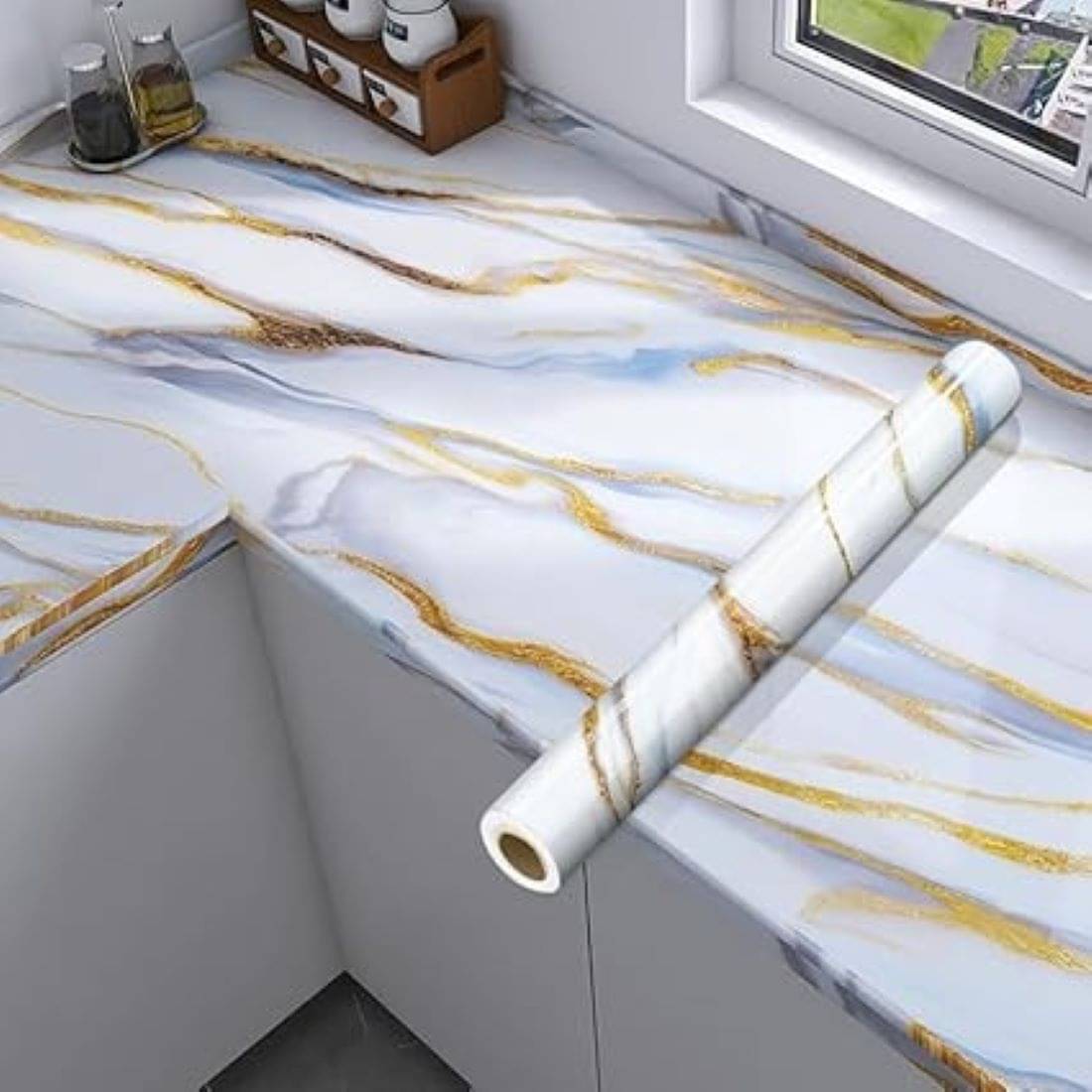     			White & Blue Marble Waterproof Oil Proof Wall Paper Furniture Kitchen, Office, Cabinets, Almirah, Tabletop, Wooden Table, Wardrobe, Self Adhesive Sticker (60x200 cm)