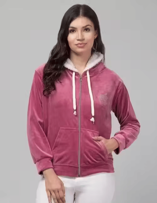     			one amore Women Velvet Hooded Sweatshirt For Light Winters ( Pink )