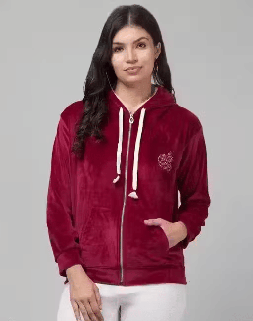     			one amore Women Velvet Hooded Sweatshirt For Light Winters ( Maroon )